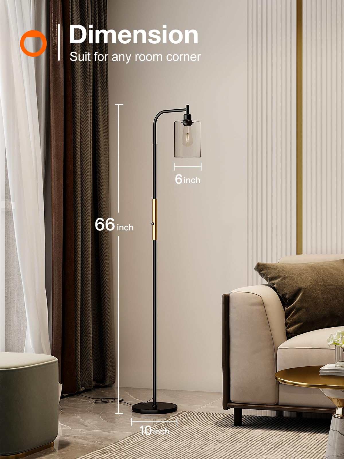 Floor Lamps for Living Room Bright Lighting with Glass lampshade, Modern Bright Floor Lamp with LED Bulbs Industrial Standing lamp for beroom, Tall Pole Lamps Office - Black