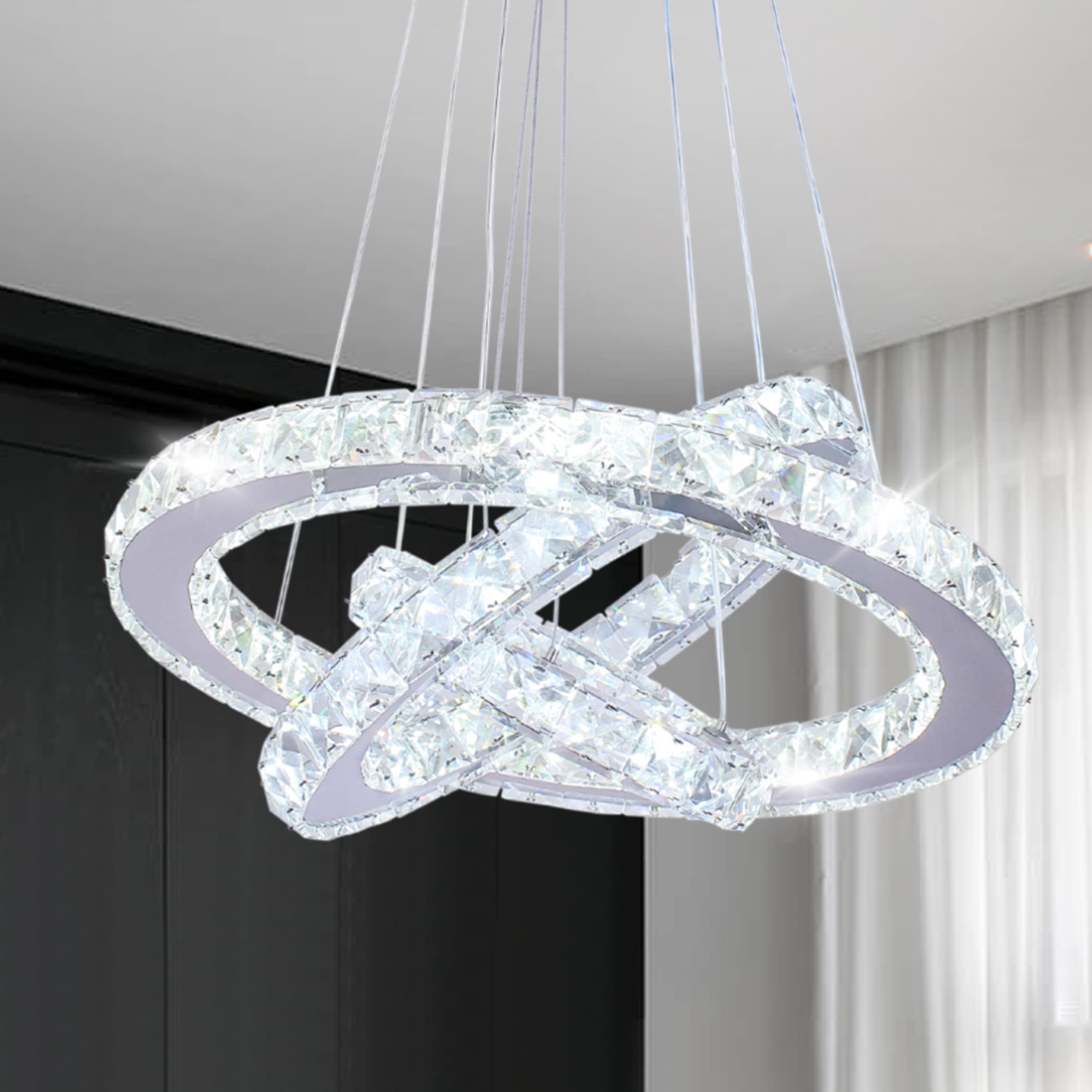 Modern LED Chandeliers Crystal Chandelier 3 Ring Round Pendant Lighting Adjustable Stainless Steel Ceiling Light Fixture for Living Room Dining Room Bedroom