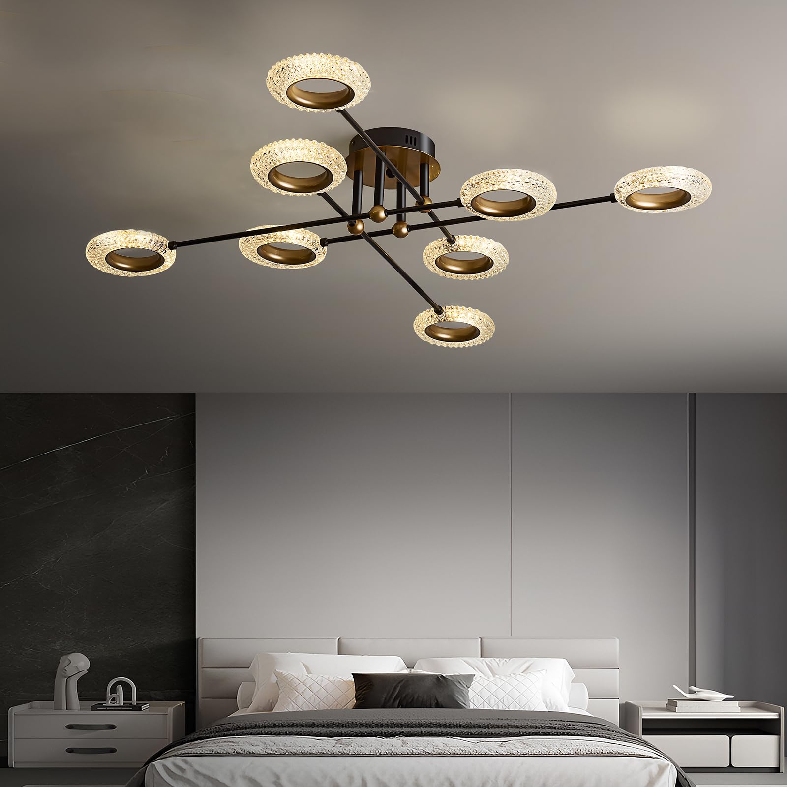 Farmhouse 5-Light Semi Flush Mount Ceiling Light Fixture with E26 Modern Matte Black and Gold Chandelier Sputnik Ceiling Lamp for Hallway Kitchen Dining Room Bedroom Study Living Room Bathroom