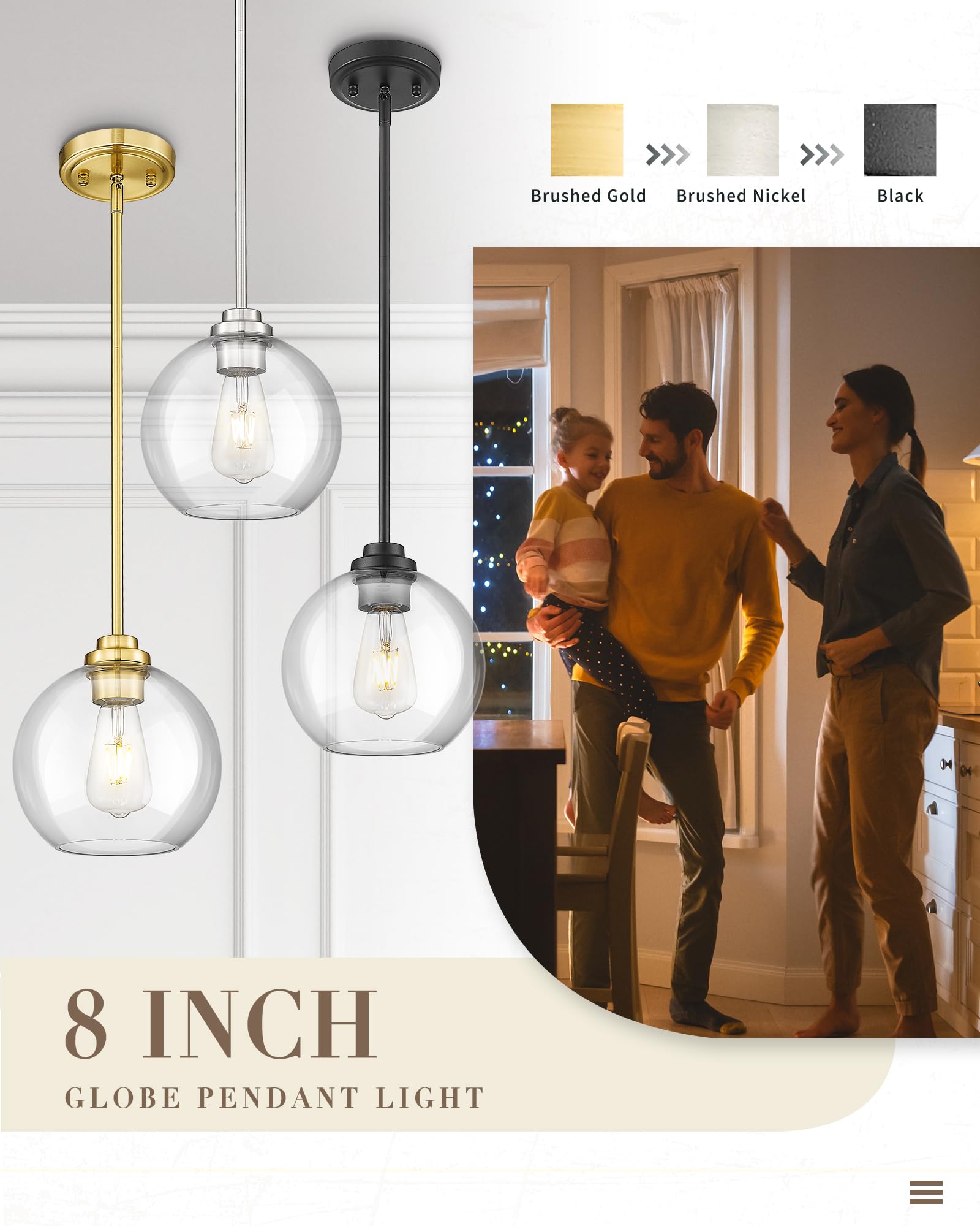 Modern Polished Gold Pendant Light, Mid Century Globe Hanging Light Fixture with Clear Glass for Kitchen Island Dining Room Bedroom Hallway Foyer (2 Pack), PL101BG-2PK