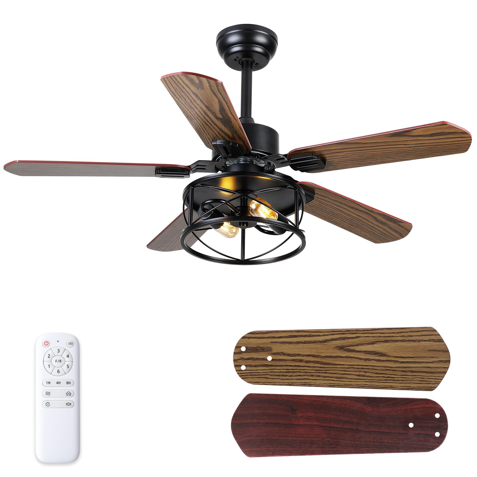 Farmhouse Ceiling Fan with Light and Remote 42" Rustic Flush Mount Ceiling Fans 5 Dual Finish Blades Carnegie Industrial Fandelier for Living room Bedroom Patio E26