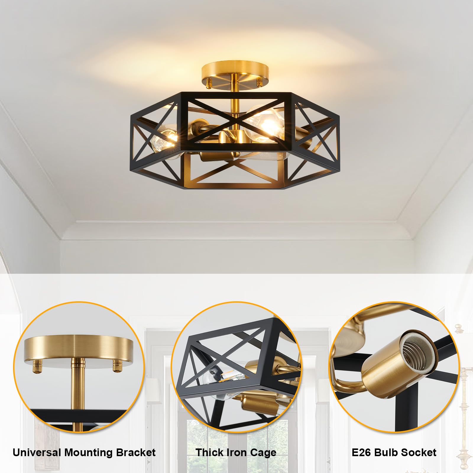 Semi Flush Mount Ceiling Light Fixture, Modern Farmhouse 3-Light Black Ceiling Light, Industrial Close to Ceiling Light with Metal Hexagon Cage Ceiling Lamp for Kitchen, Hallway, Bathroom