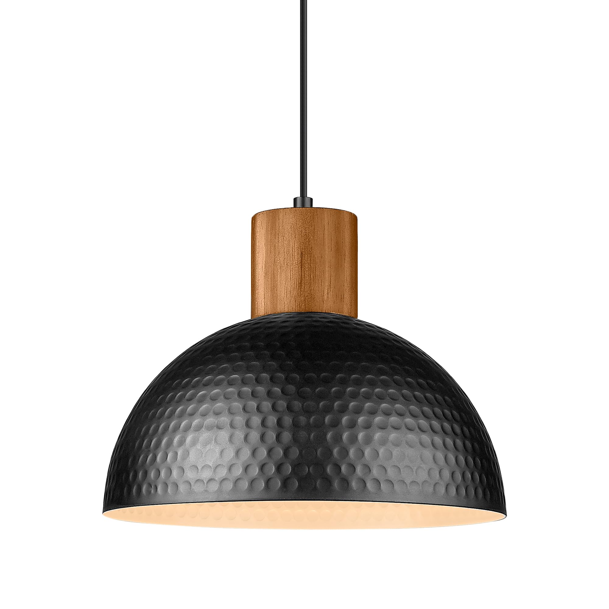 Industrial Pendant Light, Rubber Wood Dome Hanging Lamp with 12" Hammered Metal Shade, Modern Pendant Light Fixtures for Kitchen Island, Bar, Farmhouse Dining Room, Bedroom, Hallway - Black