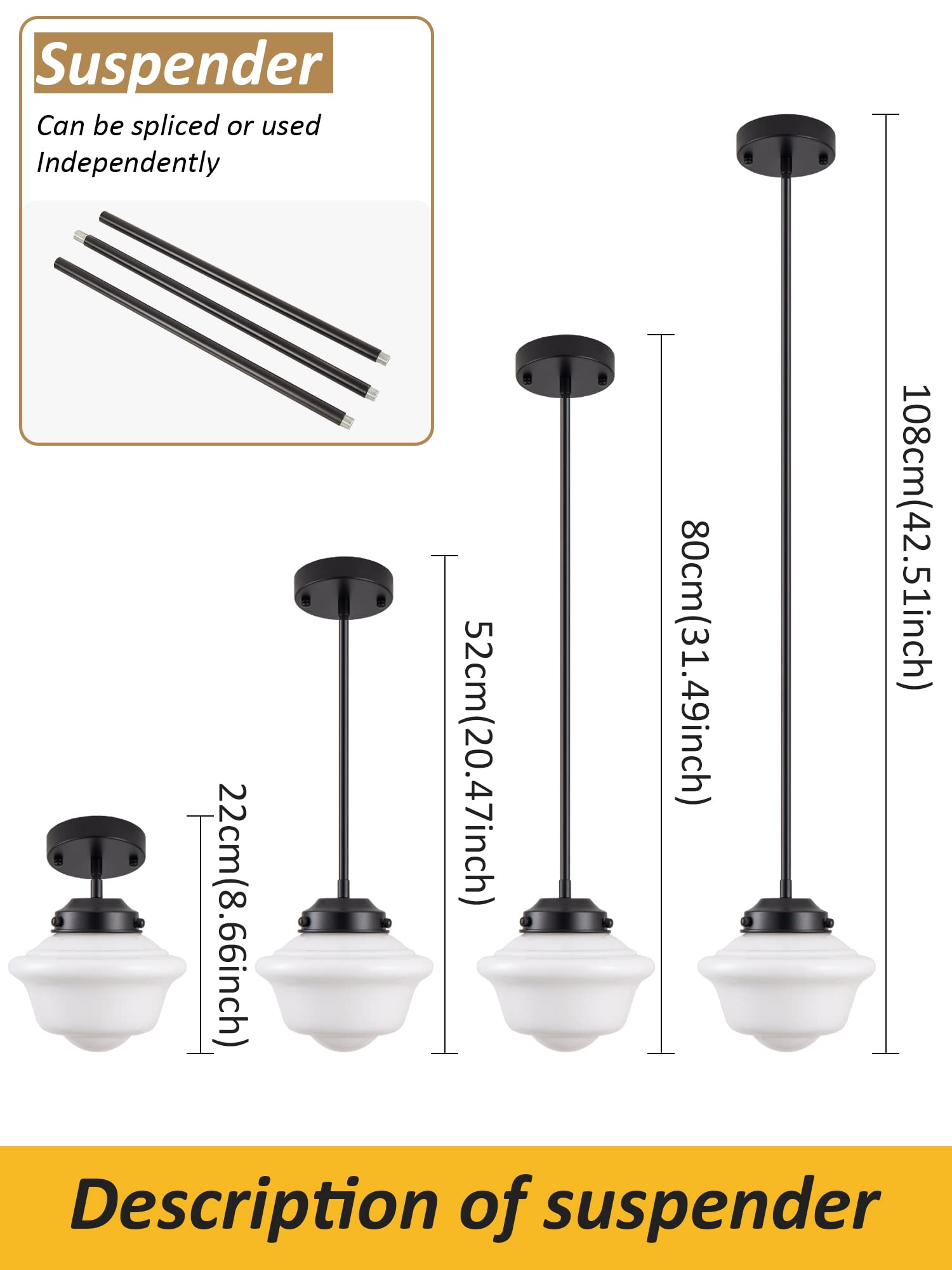 Pendant Lighting Black, 8" Milk Glass Pendant Light Shade, Farmhouse Ceiling Pendant Light Fixture with Adjustable Rods for Living Room Kitchen Dining Room Hallway Island