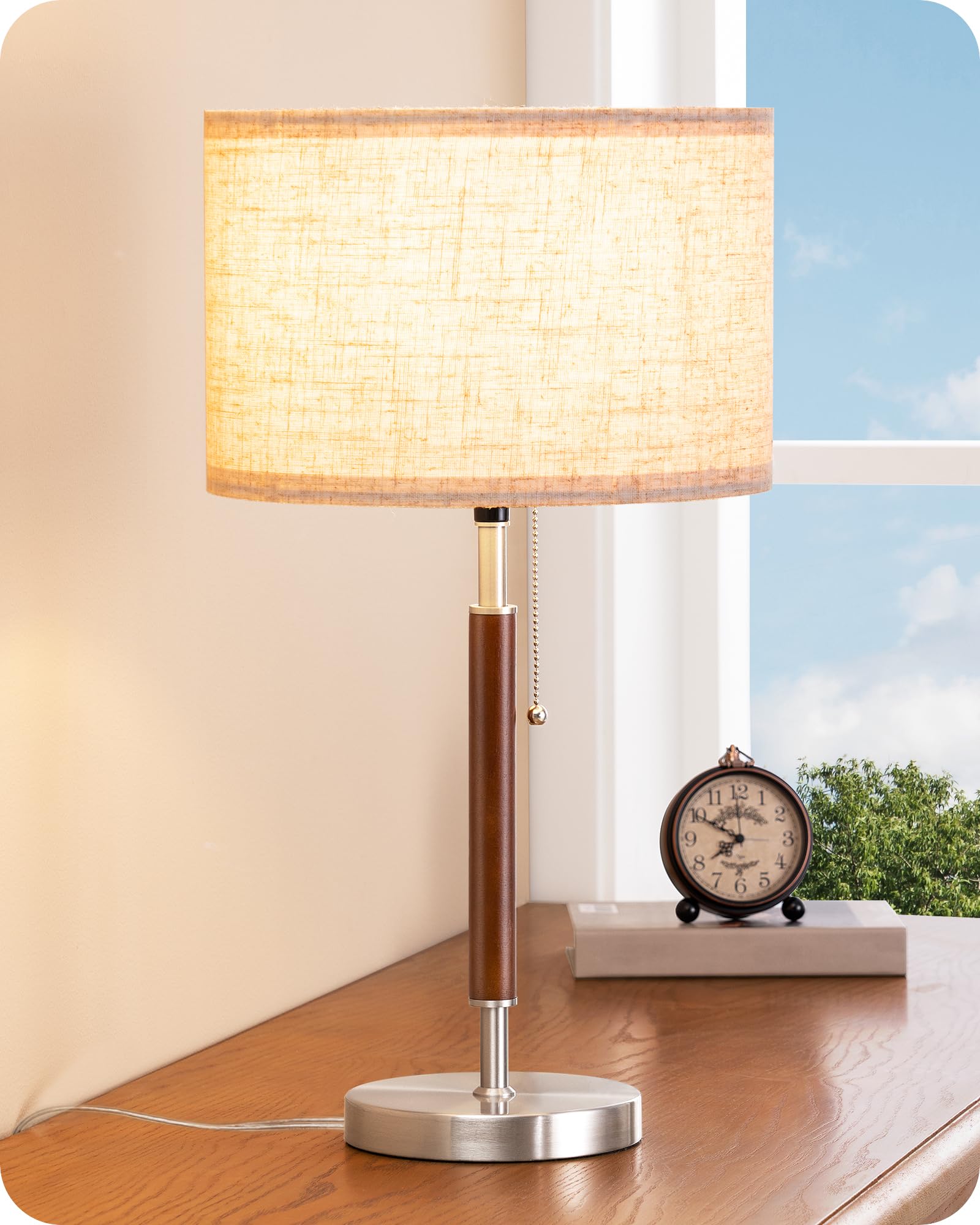 Mid Century Table Lamp, Bedside Lamp with Pull Chain Switch, Solid Wood & Metal Pole, Modern Nightstand Table Lamp for Living Room, Bedroom, Office, Frosted Bronze & Wood Finish