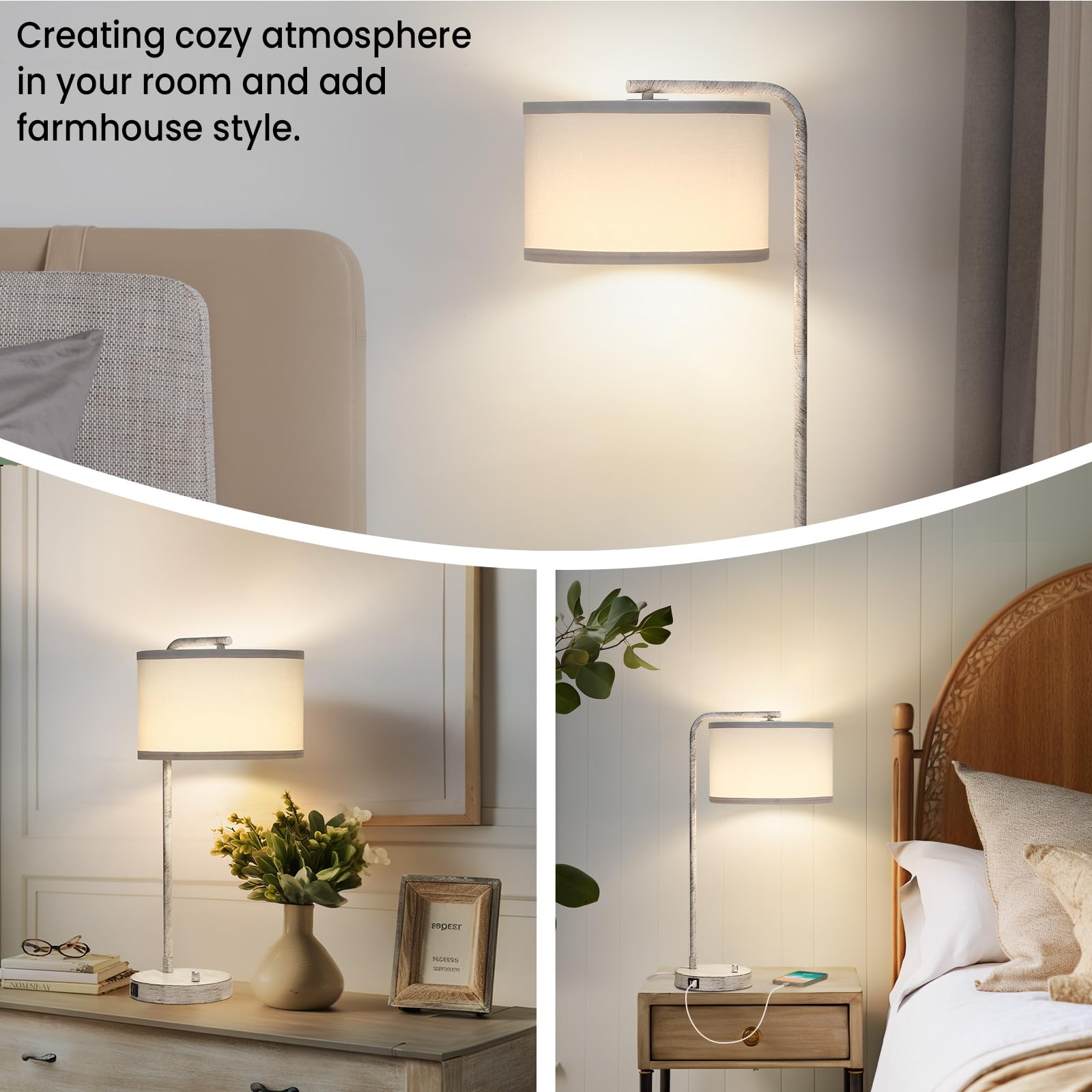 USB Bedside Lamp, Industrial Side Table Lamp with Dual USB Charging Ports, Fully Dimmable Nightstand Lamp, Tall Reading Lamp Desk Lamp for Bedroom, Living Room, Office, 9W LED Bulb Included