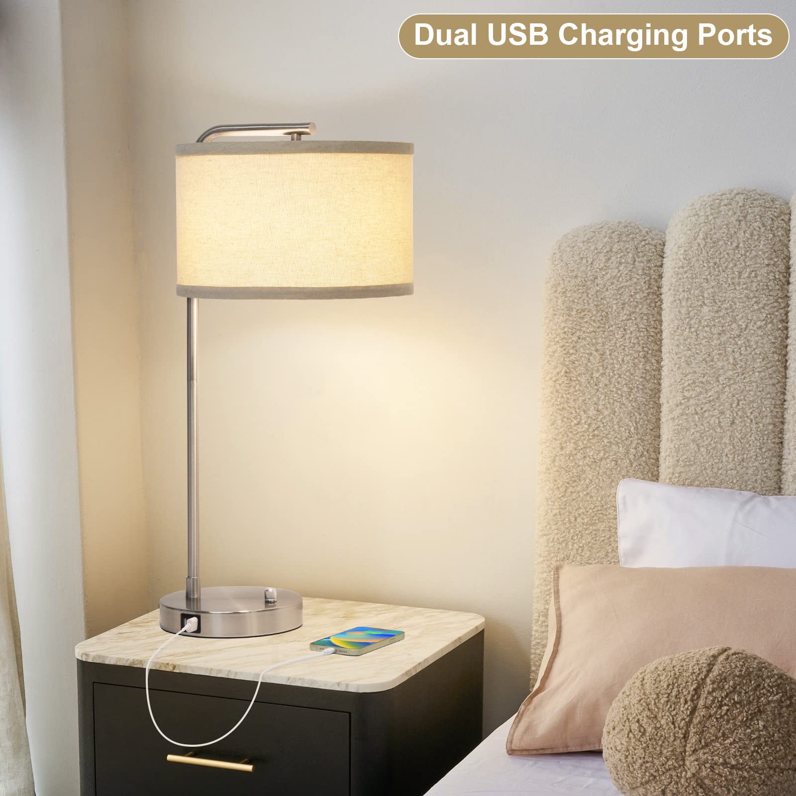 USB Bedside Lamp, Industrial Side Table Lamp with Dual USB Charging Ports, Fully Dimmable Nightstand Lamp, Tall Reading Lamp Desk Lamp for Bedroom, Living Room, Office, 9W LED Bulb Included