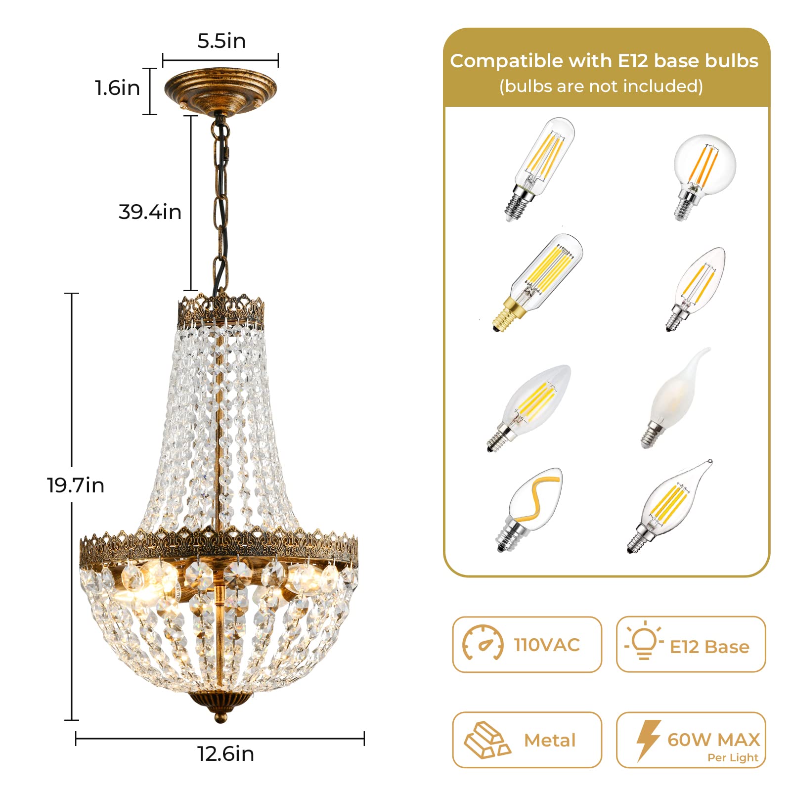 4 Lights French Empire Mini Crystal Chandelier Farmhouse Pendant Lighting, Bronze Finish Ceiling Light Fixture for Dining Room Bedroom Foyer Living Room, W12.6 x H19.7