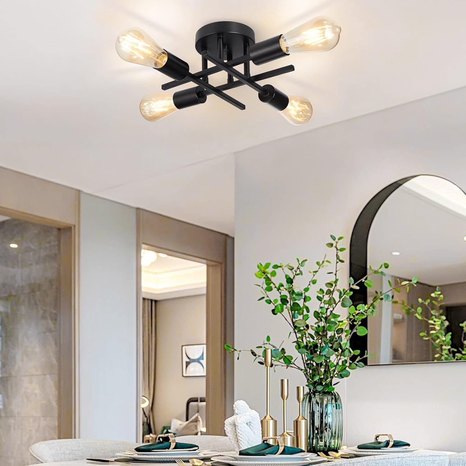 Semi Flush Mount Ceiling Light Fixture 4-Light, Modern Farmhouse Close to Ceiling Light Black, E26 Socket Chandelier Light Fixture Ceiling for Bedroom Kitchen hallway bathroom Living Room Dining Room