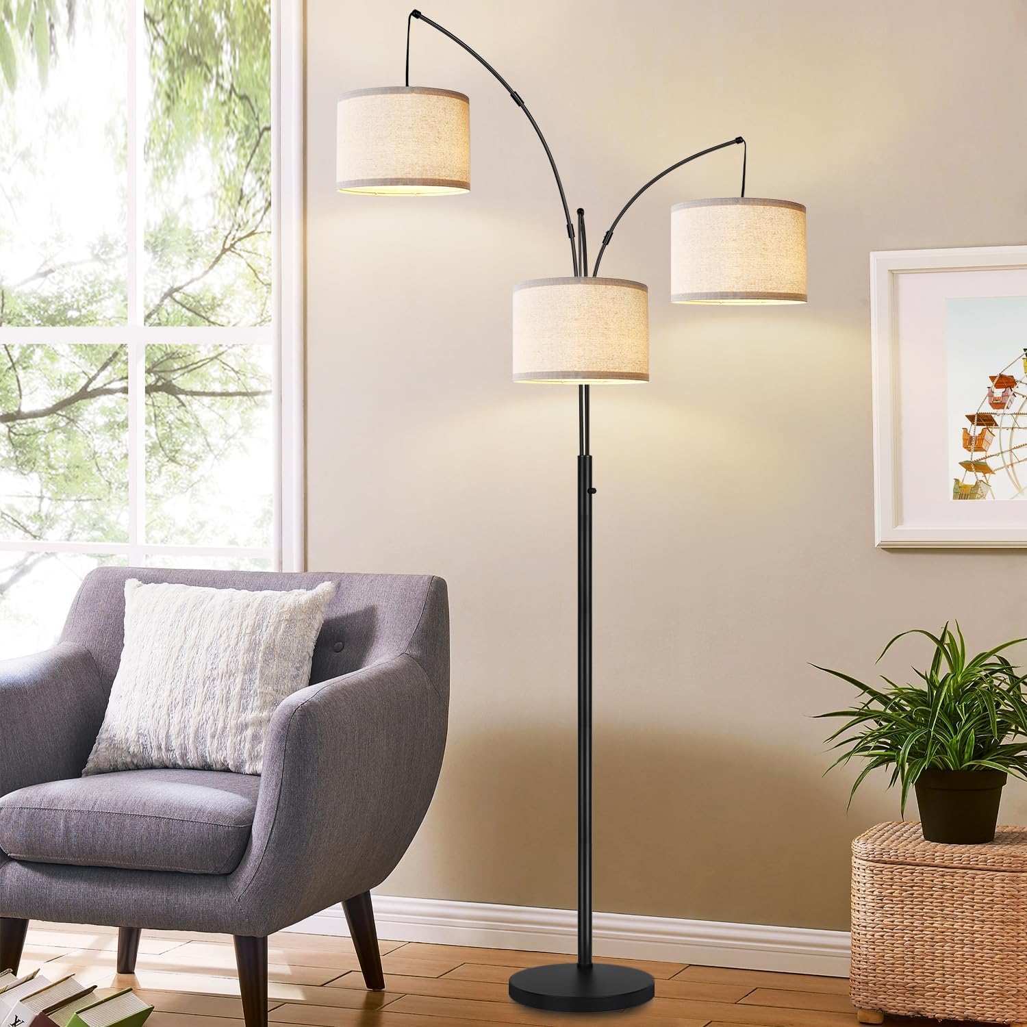 Dimmable Floor Lamp - 3 Lights Arc Floor Lamps for Living Room, 1000LM Modern Tall Standing Lamp with Beige Shades & Heavy Base, Mid Century Tree Floor Lamp for Bedroom Office, 3 LED Bulbs Included