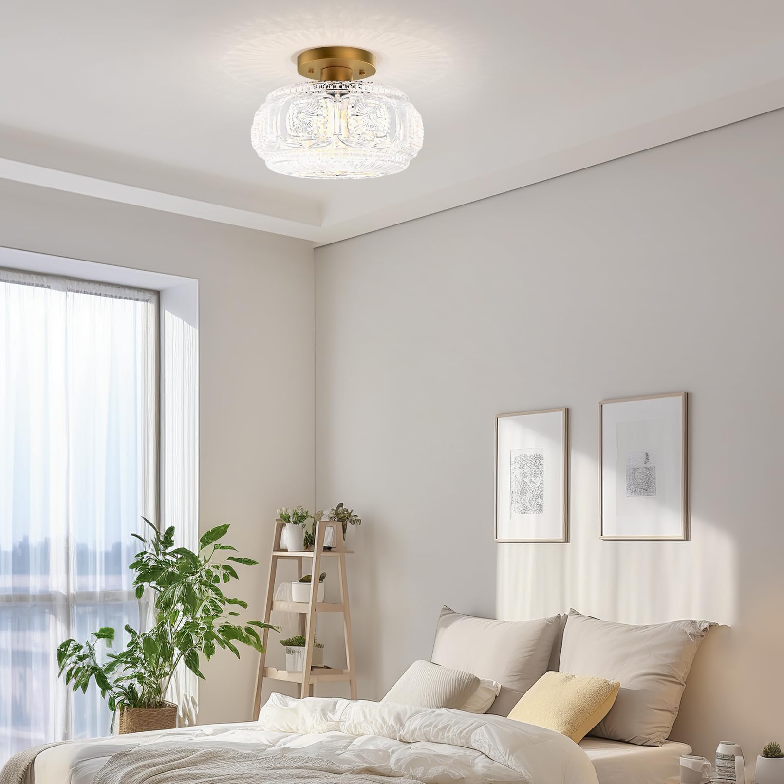 Semi Flush Mount Ceiling Light, Globe Glass Ceiling Light Fixture, Gold Modern Lighting for Hallway Porch Corridor Kitchen Bedroom, Bulb Not Included