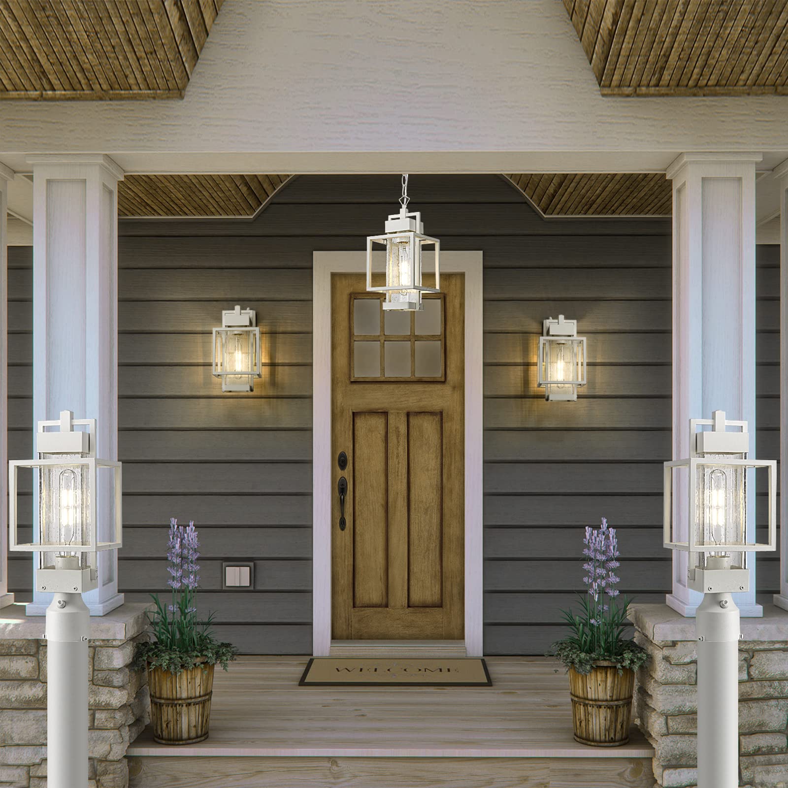 Outdoor Indoor Pendant Light Exterior Hanging Lantern, 11.4" Modern Outside Ceiling Chandelier for Front Porch Entrance Foyer Entryway, Aluminum, Crack Glass, G6001/1H-SBK