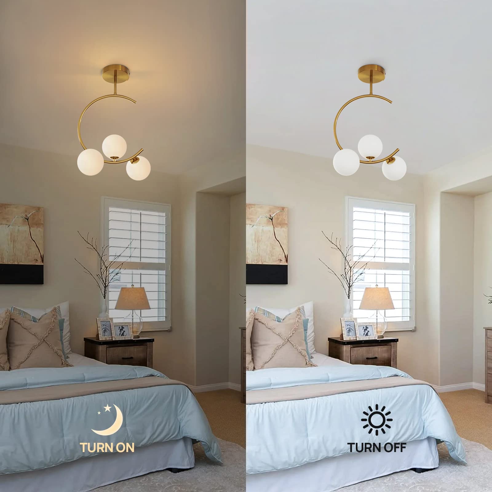 Modern Semi Flush Mount Ceiling Light - Easric Gold Ceiling Light Fixture Mid Century Light Fixtures Ceiling Mount with 3 Frosted Glass Lampshade Globe Ceiling Lamp for Hallway Kitchen Bedroom