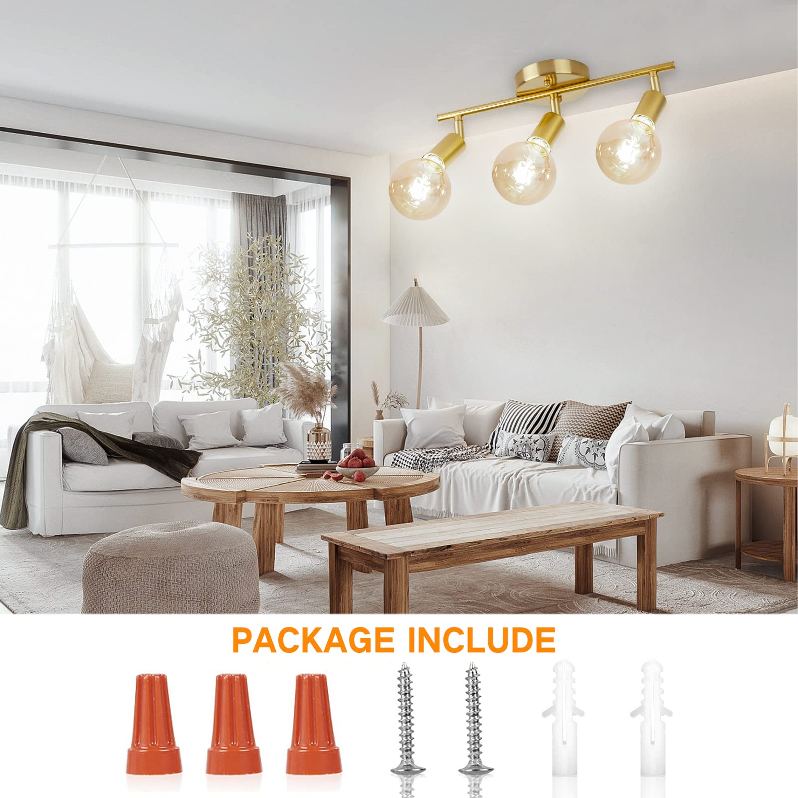 4 Lights Track Lighting Fixtures Ceiling, Flush Mount Gold Track Lights Kit, Modern Directional Kitchen Ceiling Lamp with Flexibly Adjustable E26 Light Heads, for Living Room, Office