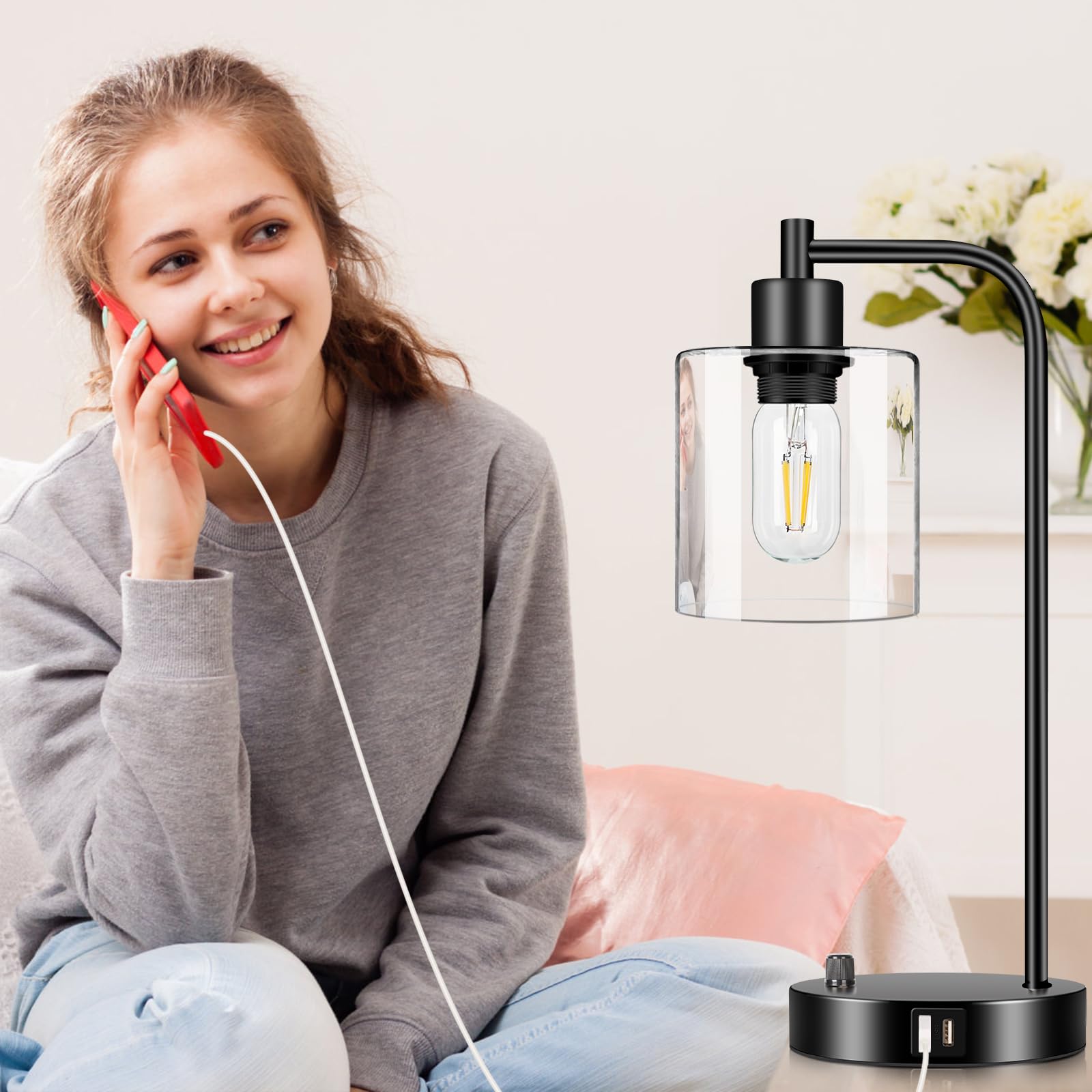 Industrial Table Lamp with 2 USB Charging Ports, Fully Stepless Dimmable Modern Nightstand Lamp, Glass Shade Bedside Desk Lamp for Bedroom Living Room Office, 6W 2700K LED Edison Bulb Included