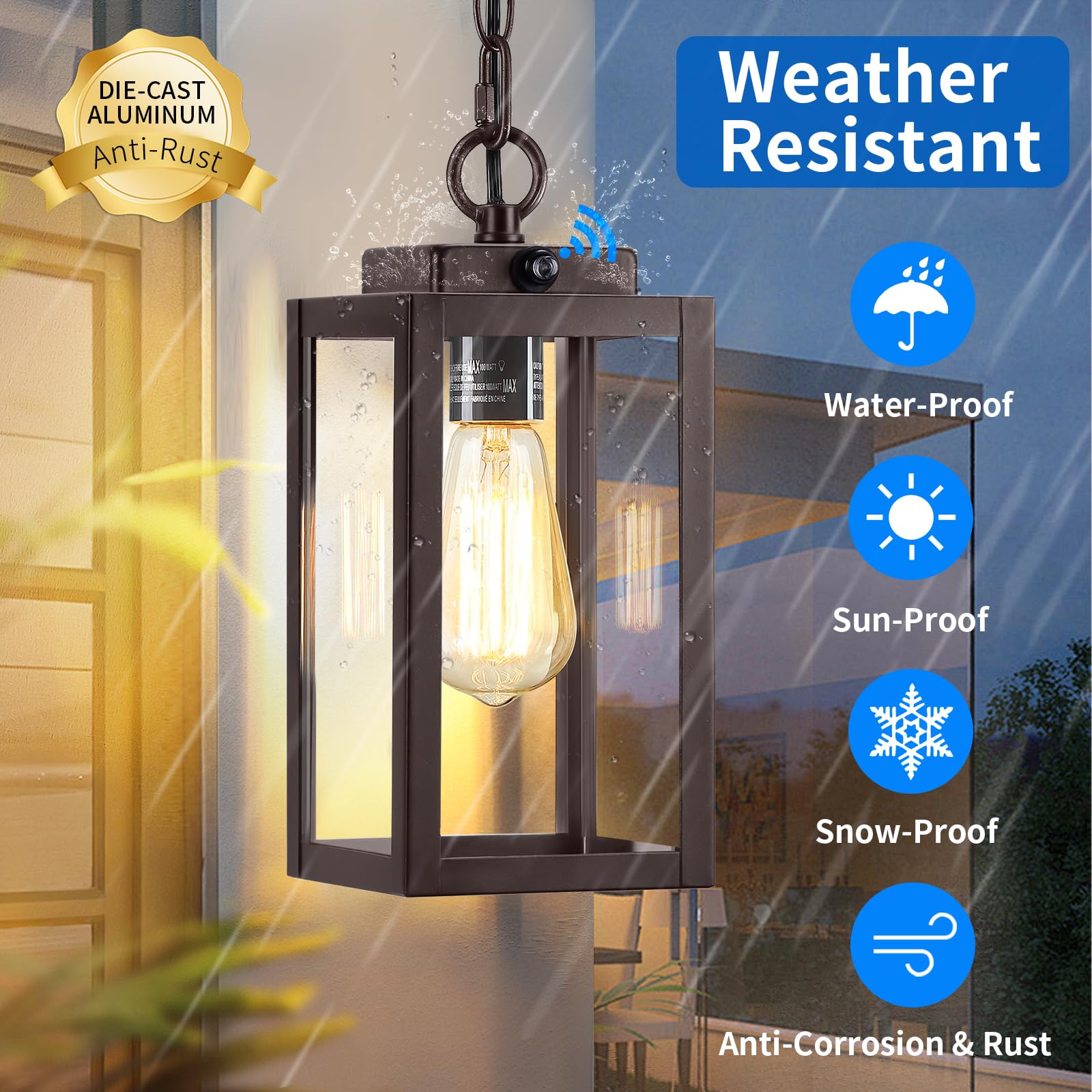 Outdoor Pendant Light, 11'' Dusk to Dawn Modern Outside Chandelier Outdoor Hanging Lantern Light, Matte Black with Clear Glass, Exterior Pendant Lighting Fixture for Porch, Yard, Gazebo, 1Pack