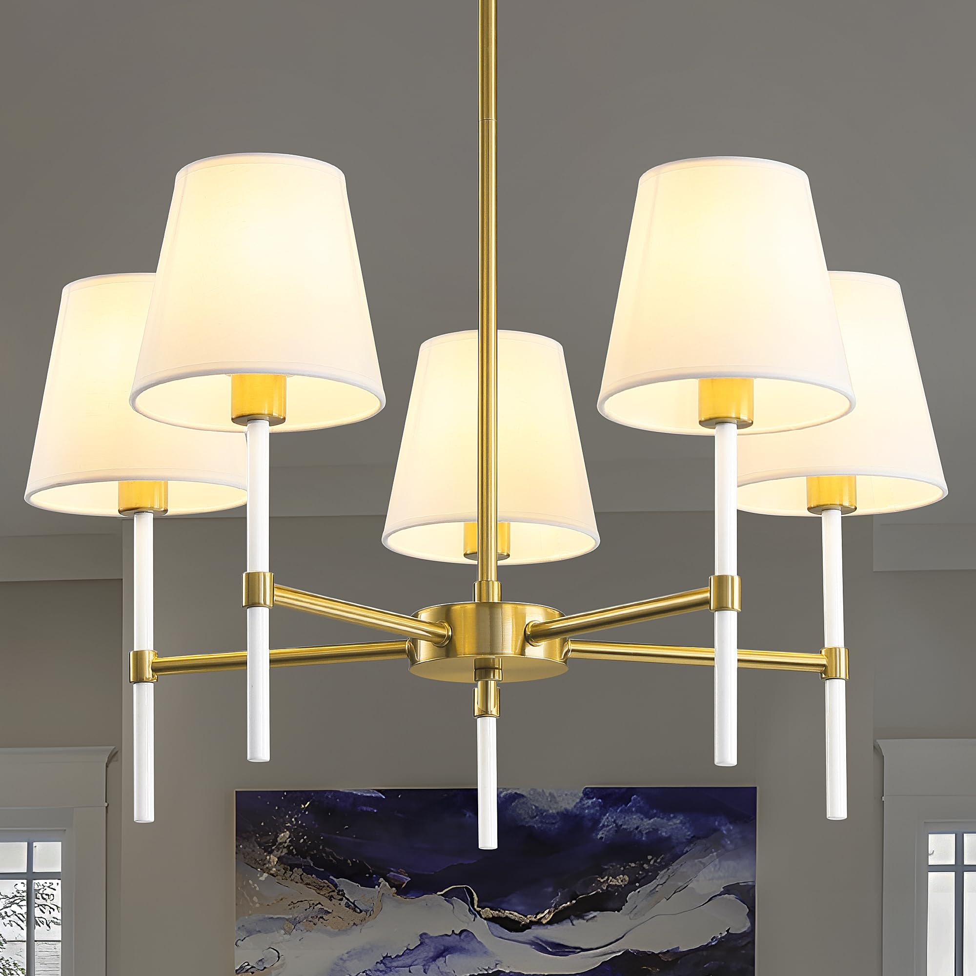 Dining Room Chandeliers Light - 5-Light White and Gold Modern Chandeliers Light Fixtures with White Fabric Shade, Height Adjustable Pendant Island Light for Entryway Farmhouse