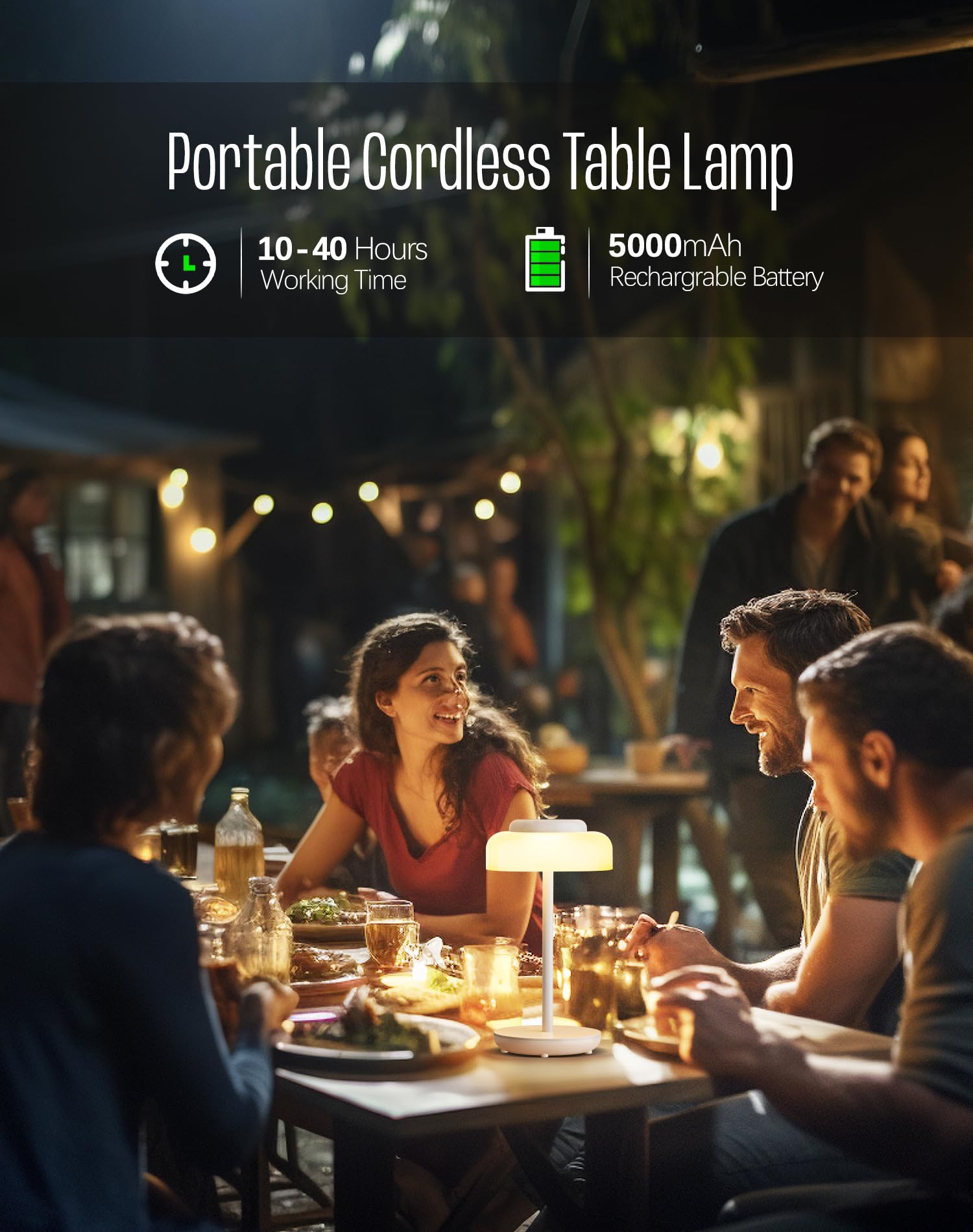 Battery Operated LED Table Lamp, 5000mAh Waterproof Cordless Desk Lamp with 3 Level Brightness Touch Control, Mini Rechargeable Night Light for Living Room, Bedroom, Outdoor bar (Black)