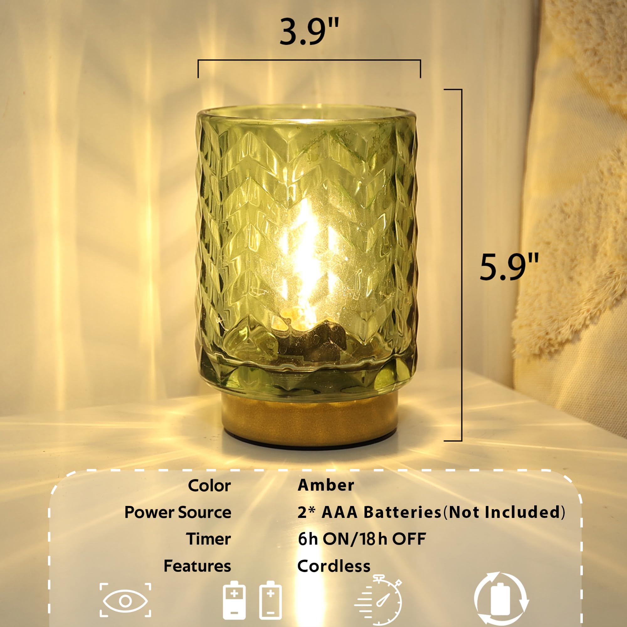 Battery Operated Lamp with Timer, Small Table Lamp with LED Bulb, Glass Cordless Lamps Beside Table Light for Living Room, Bedroom, Entryway Diamond Design-Green