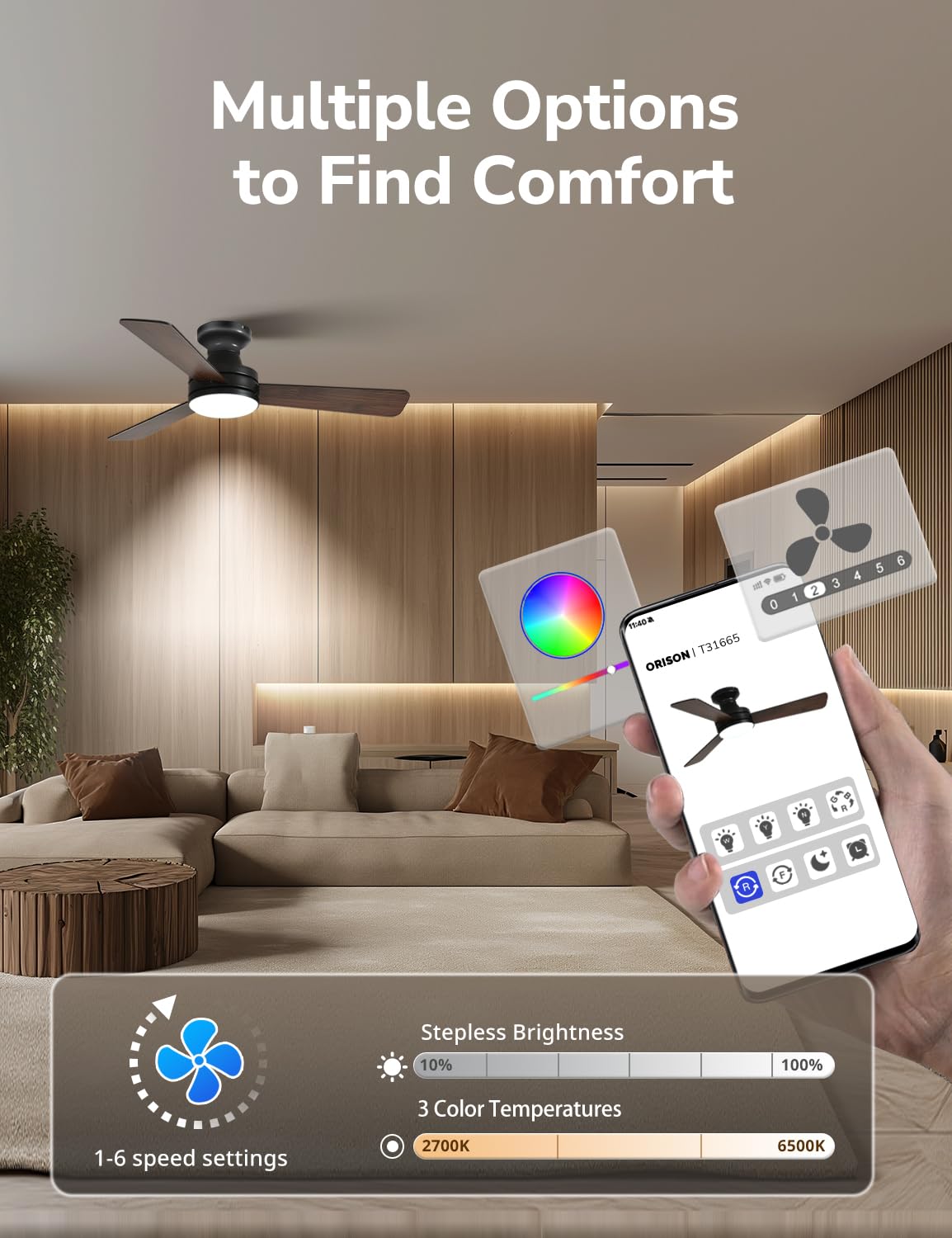 Orison Ceiling Fans with Lights, 42 inch Low Profile Ceiling Fan with RGB Backlight, Flush Mount Ceiling Fan with Remote and App Control, Black Ceiling Fan for Bedroom, 6 Speeds, 3 Reversible Blades