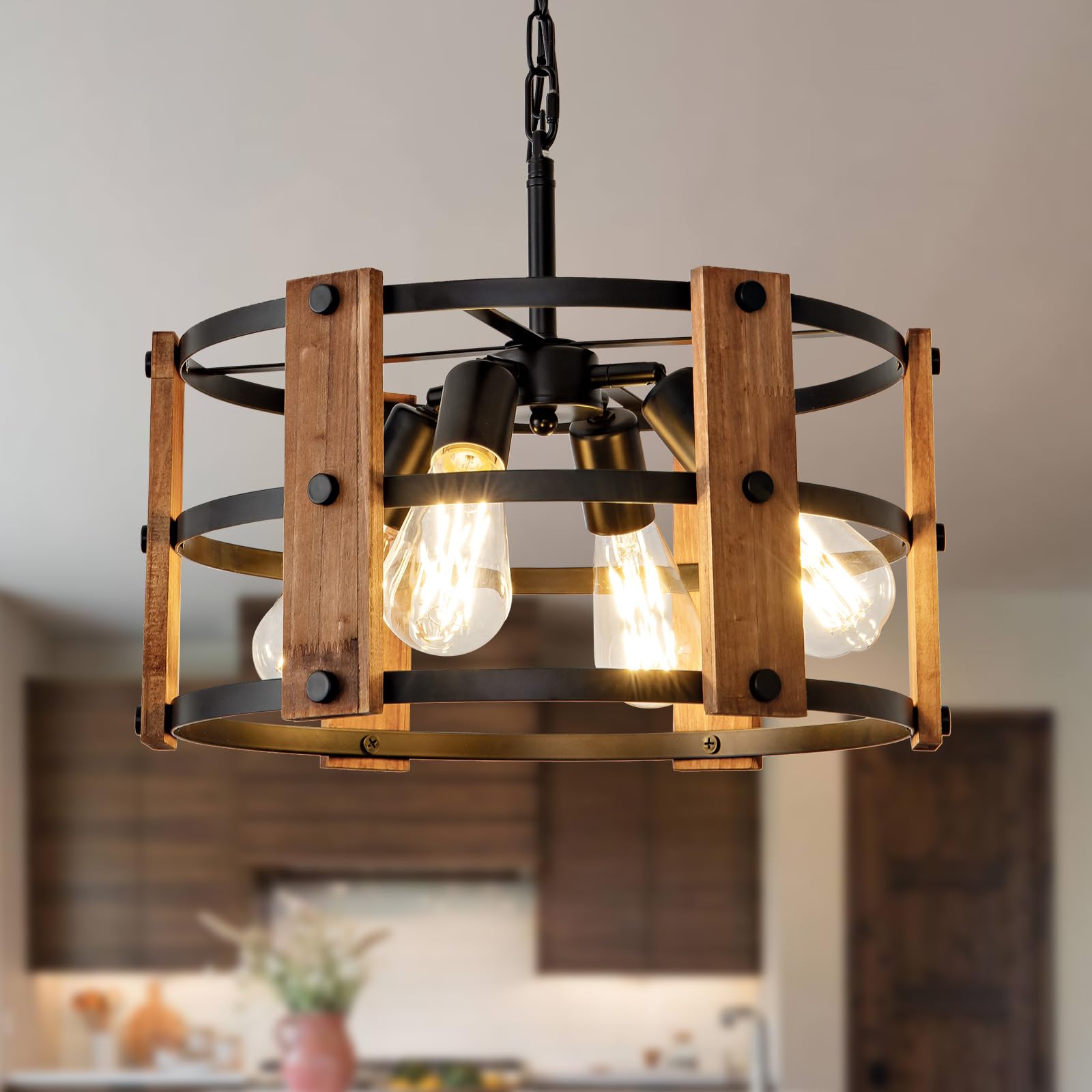 15'' Farmhouse Chandelier, Wooden Chandelier，Adjustable Dining Room Light Fixture Kitchen Island Lighting, Rustic Hanging Lights for Entryway Foyer Bedroom Living Room