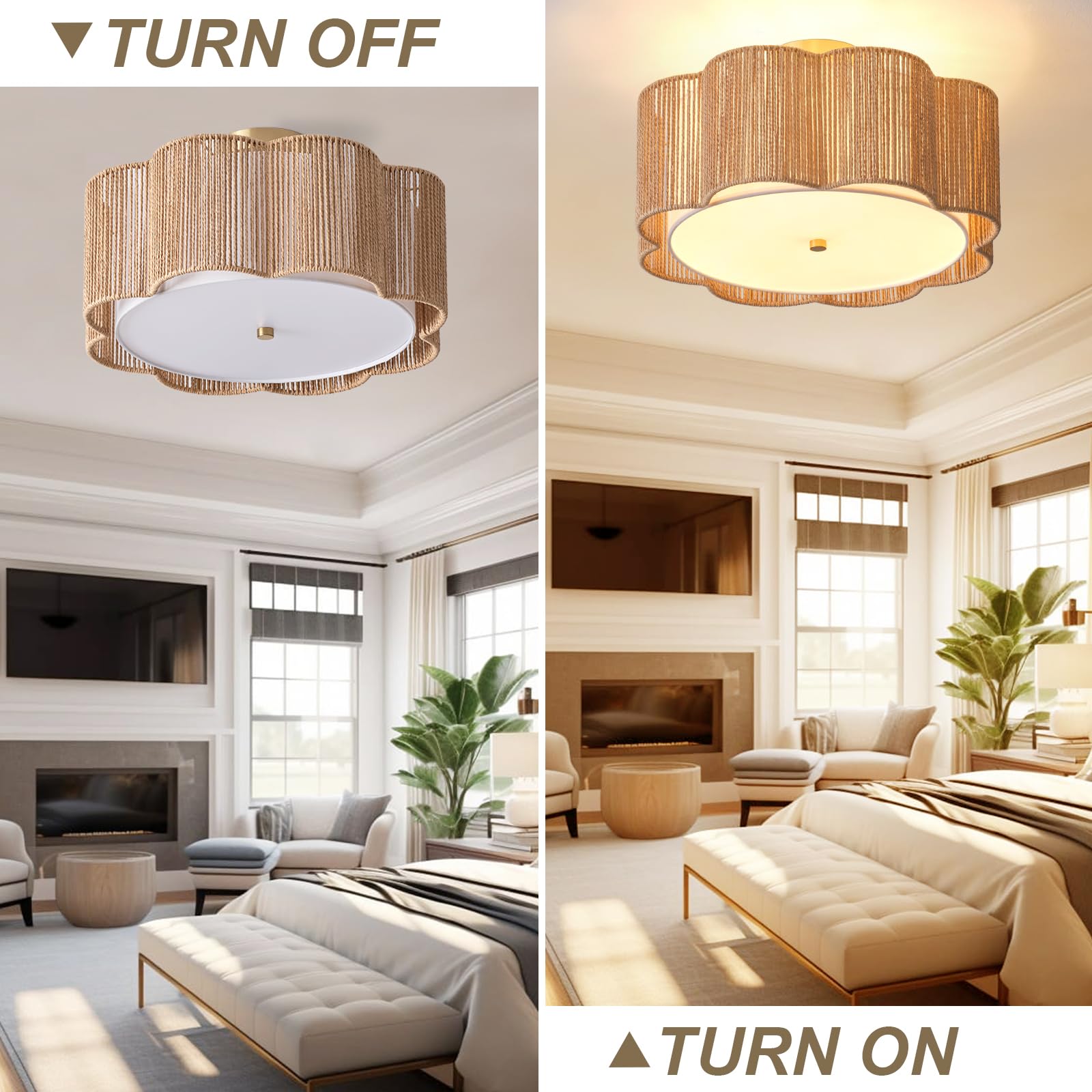 Rattan Ceiling Light Fixtures Flush Mount,3-Light Boho Light Fixtures Ceiling Mount for Bedroom,Close to Ceiling Light Modern Rattan Chandelier Lighting for Hallway Kitchen Dining Room(Yellow)