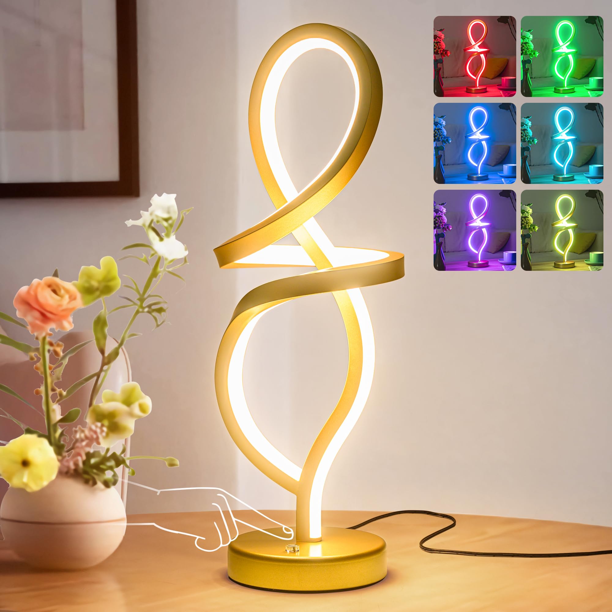 Modern Table Lamp, LED Spiral Lamp, Black Bedside Lamp with Stepless Dimming Switch, Contemporary Nightstand Lamp, LED Lamp for Bedroom Living Room Home Office, 12W, 3200K Warm White