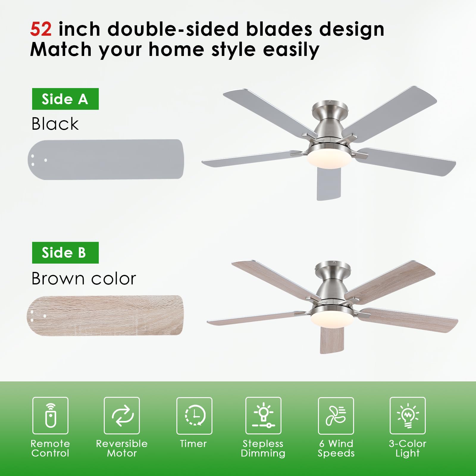 Ceiling Fans with Lights- 46"Low Profile Indoor Ceiling Fan with Light and Remote/APP Control, Flush Mount, LED Dimmable DC Reversible Modern Ceiling Fan for Bedroom（Black）