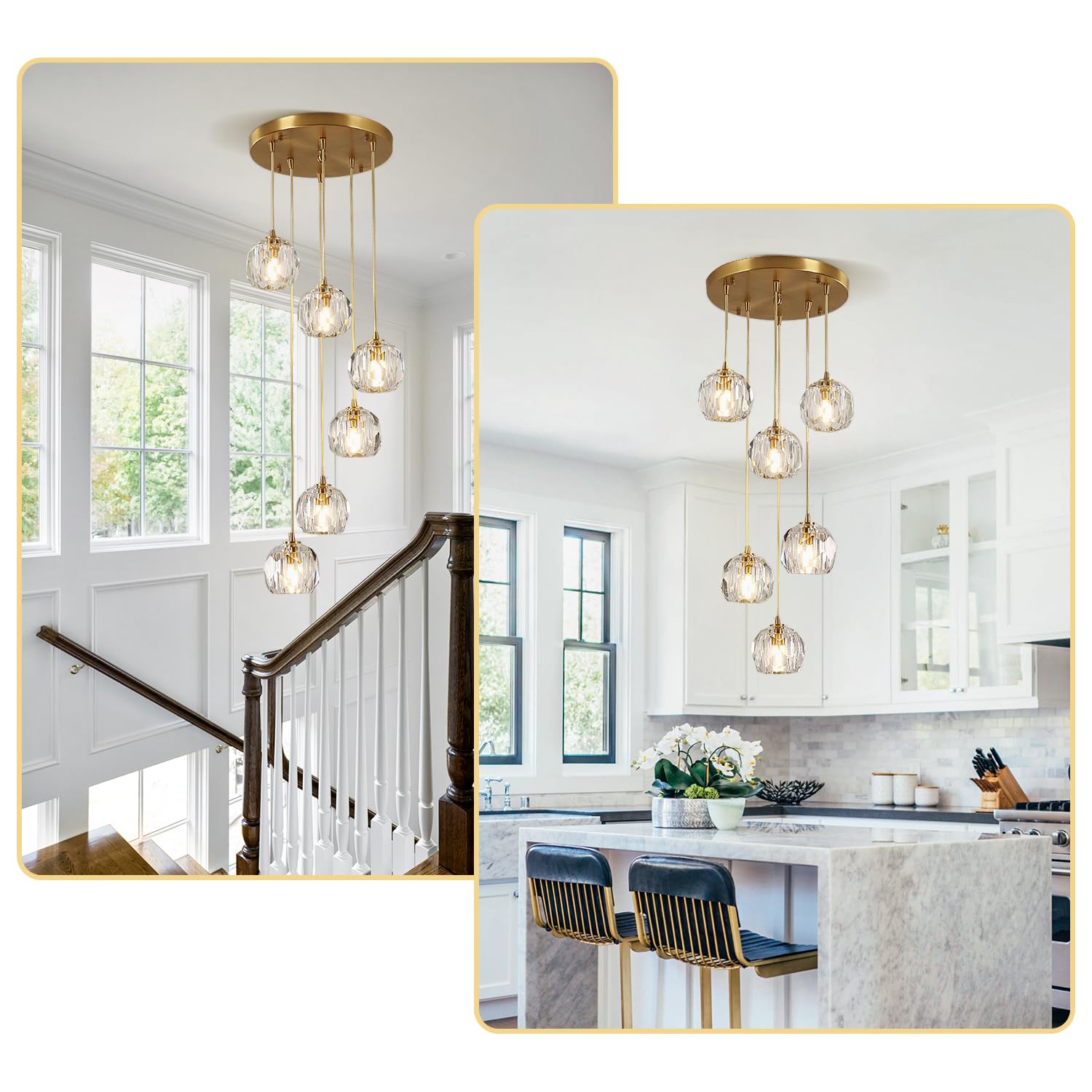 3-Light Cluster Pendant Lighting Crystal Chandelier Gold Hanging Pendant Light Fixture Mid Century Modern Multi Light Pendant Lighting for Dining Room Kitchen Island Bedroom