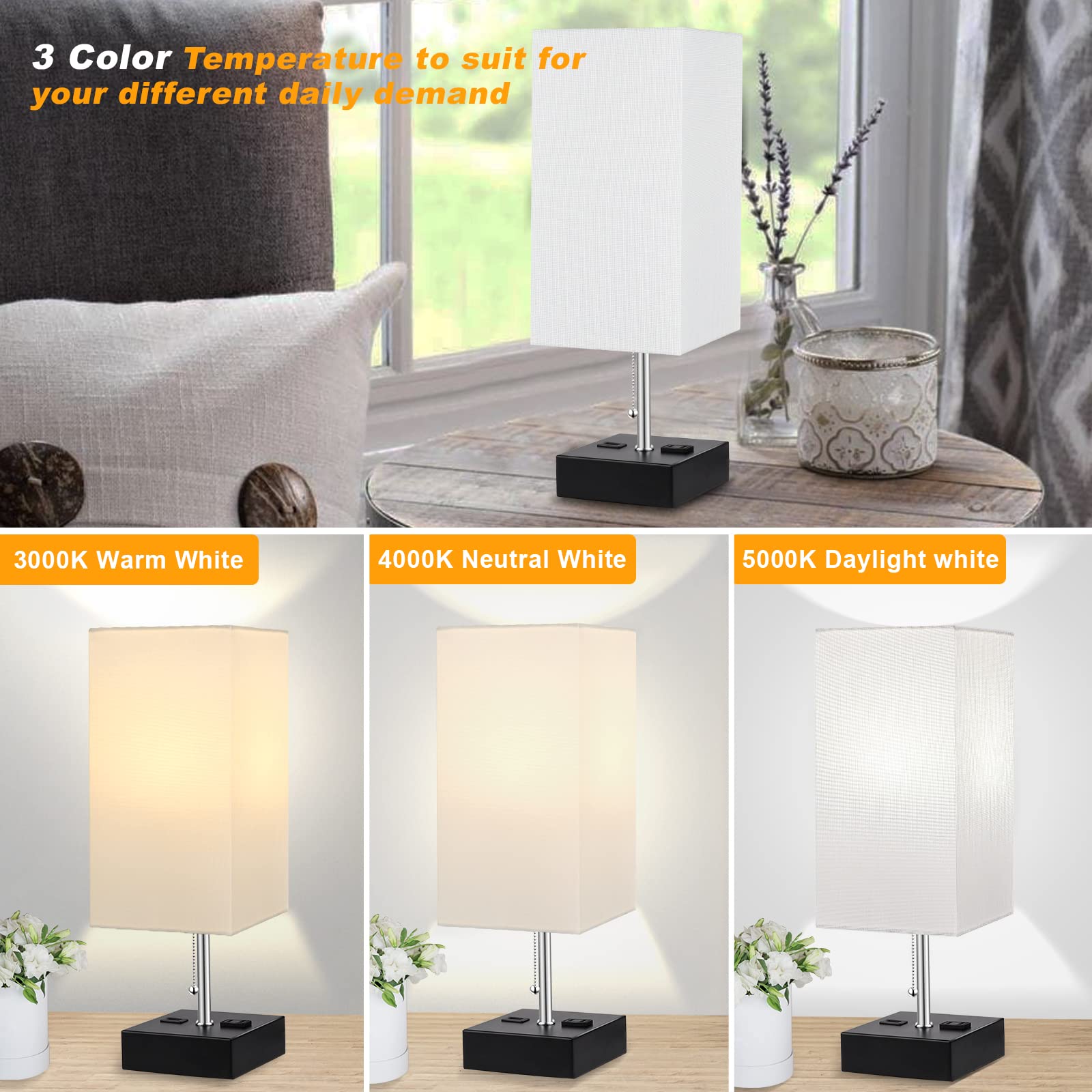 3 Color Temperature Bedside Lamp with USB C and USB A Ports Grey Table Lamps for Bedroom Nightstand Small Lamps Bed Lamp Desk Lamps by Pull Chain (Bulb Included)