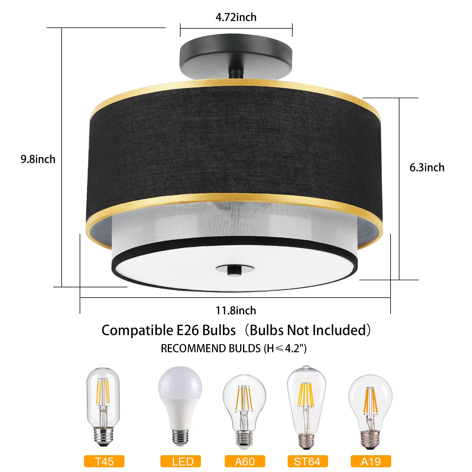 Modern Semi Flush Mount Ceiling Light - Easric Light Fixtures Ceiling Mount Hallway Light Fixtures Ceiling with Black 2-Layer Fabric Shade Drum Ceiling Lights for Bedroom,Dining Room,Kitchen,Foyer