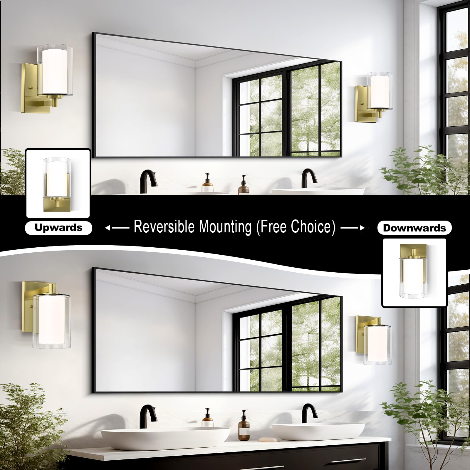 Wall Sconces Set of 2 Modern Vanity Lights with Double Clear Glass Shade Matte Black Indoor Farmhouse Wall Lights for Bathroom Living Room Bedroom Hallway Bulb E26 Base (Bulbs Not Included)