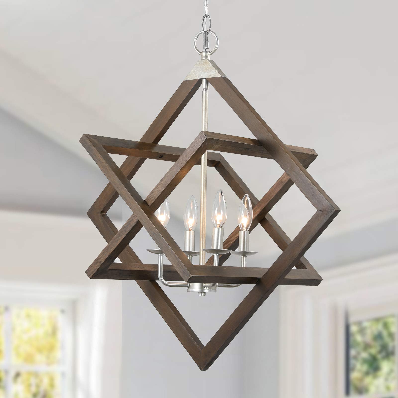 2024 Upgraded Wood Farmhouse Chandeliers for Dining Room, 4-Light Rustic Foyer Geometric Lantern Coastal Pendant Light Fixture, Modern French Country Lighting for Kitchen Island Entryway Bedroom Entry