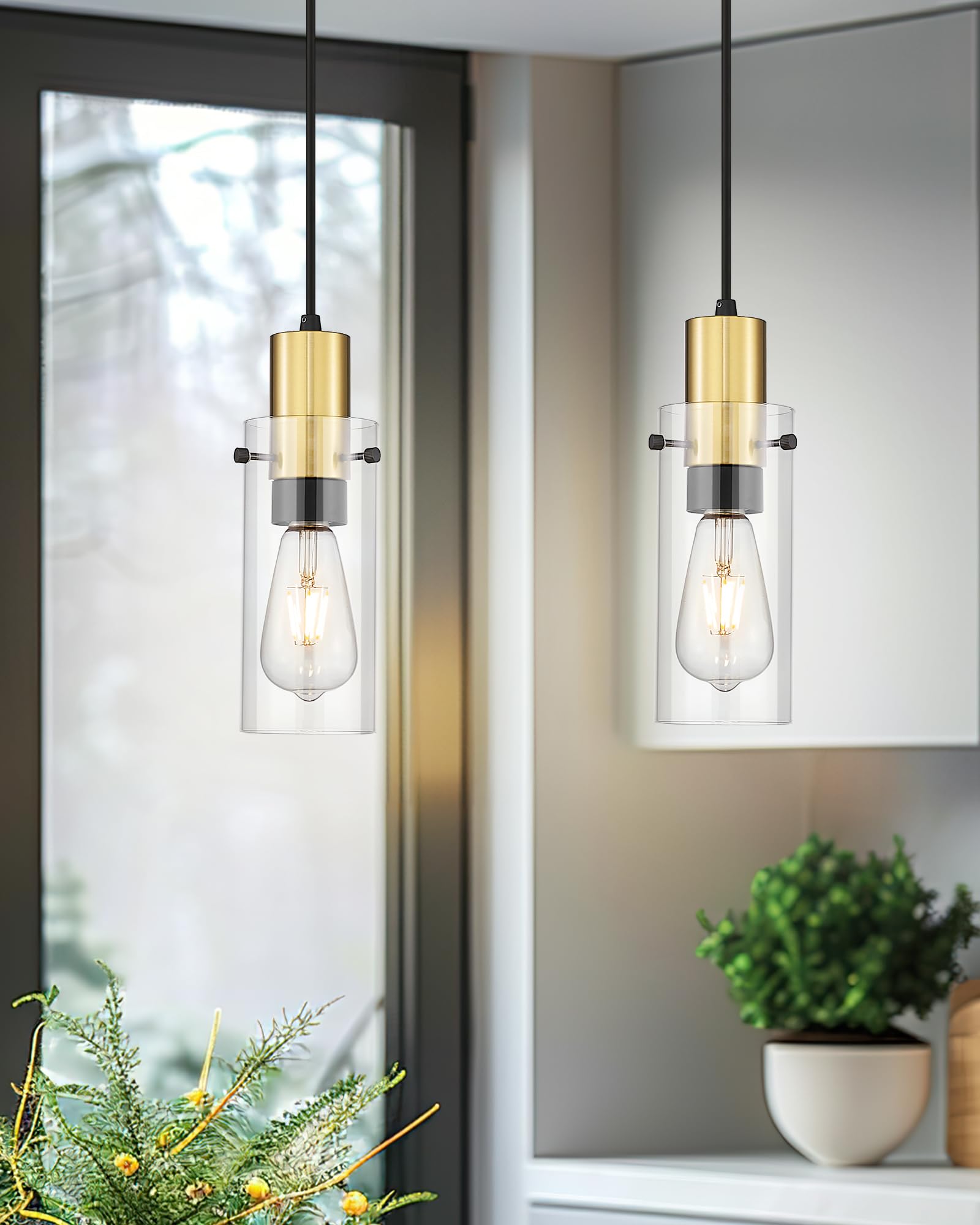 Emak Gold Pendant Light Fixtures, 3-Light Pendant Lights with Clear Glass Shade, Modern Farmhouse Hanging Lights for Kitchen Island, Dining Room, Bathroom, Bedroom, PL120-GD-CL