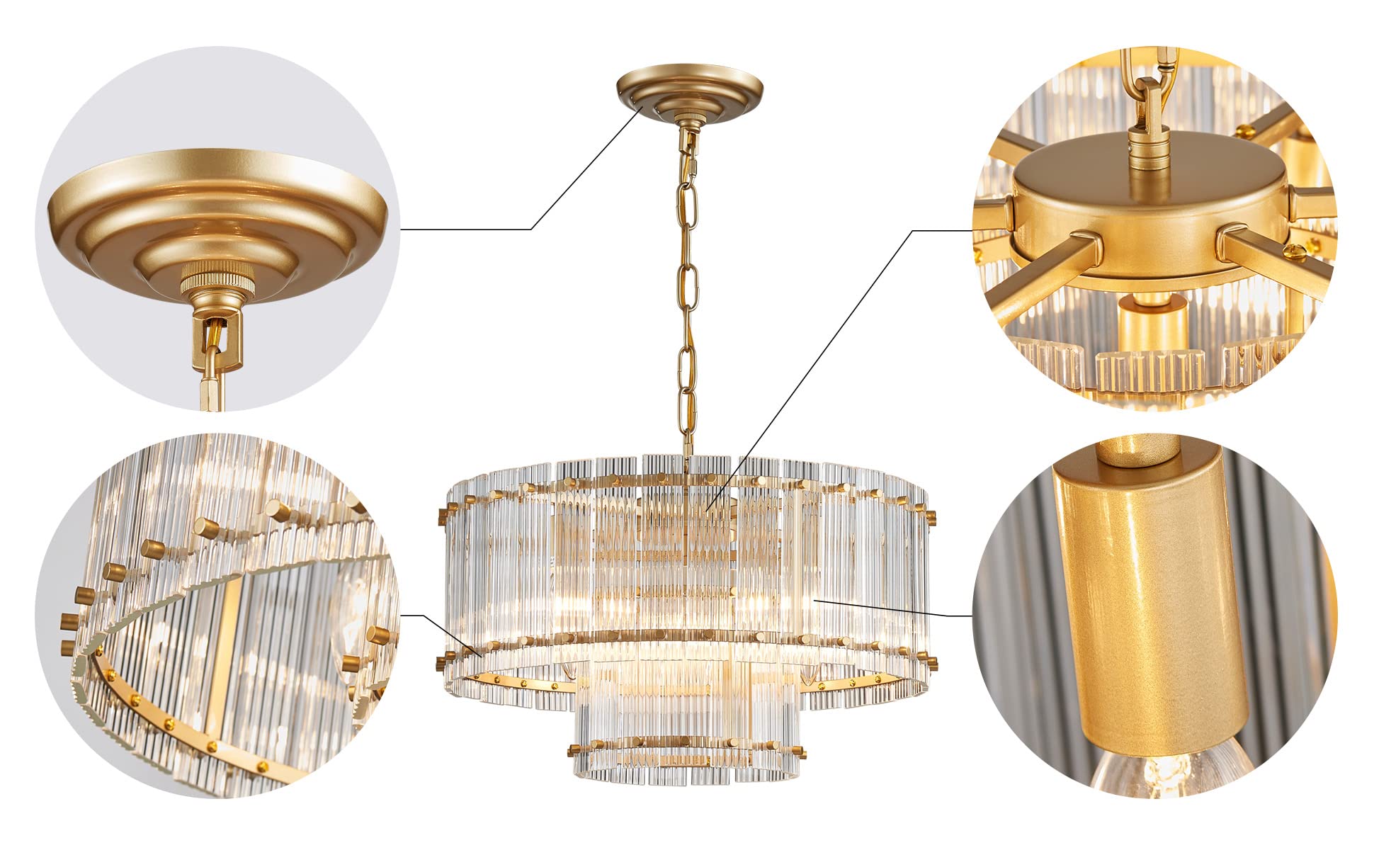 Saint Mossi 21032 Drum Chandelier Light Fixture, Doule Layer Middle Century Modern Design, with 5-Light, D18 x H10, Adjustable 59" Chains, Ripple Glass Shade & Gold Finish Metal Frame