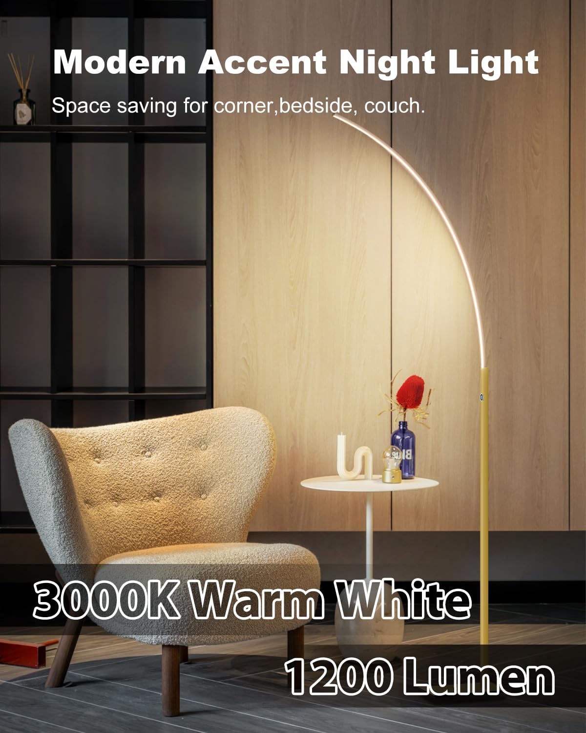 TACAHE Arc Corner Floor Lamp - 3000K Warm White & 3 Brightness Presets - Curved LED Accent Lamp with Touch Switch - 63" Modern Standing Lamp for Bedroom, Living Room - 12W - Black