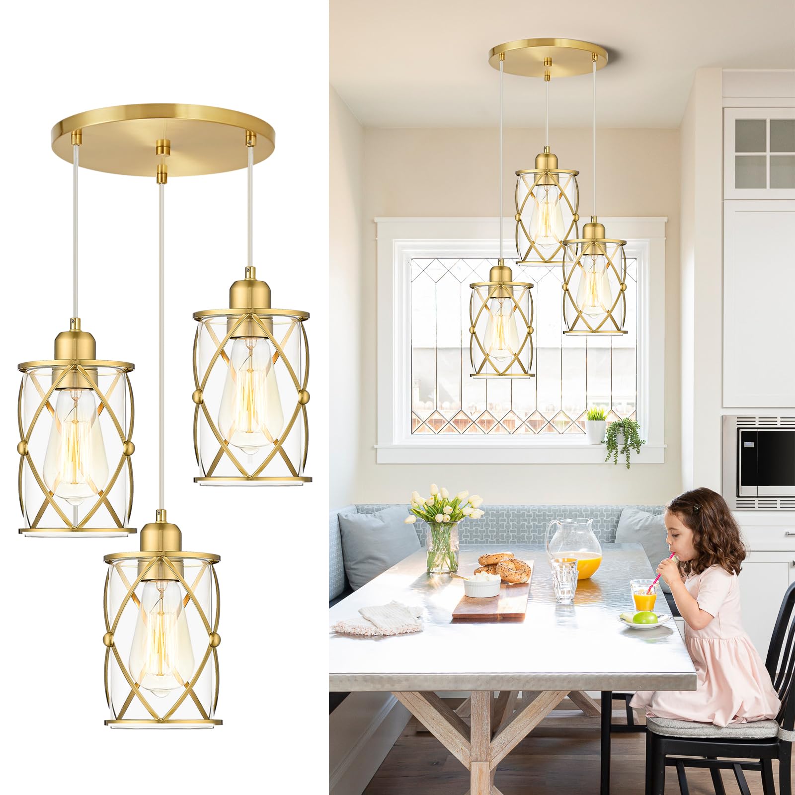 Brushed Gold Pendant Light Fixtures, 3-Light Modern Dining Room Cluster Pendant Light with Milky Glass, Mid Century Cage Hanging Pendant Lighting for Kitchen, Adjustable, CH9176BGW3