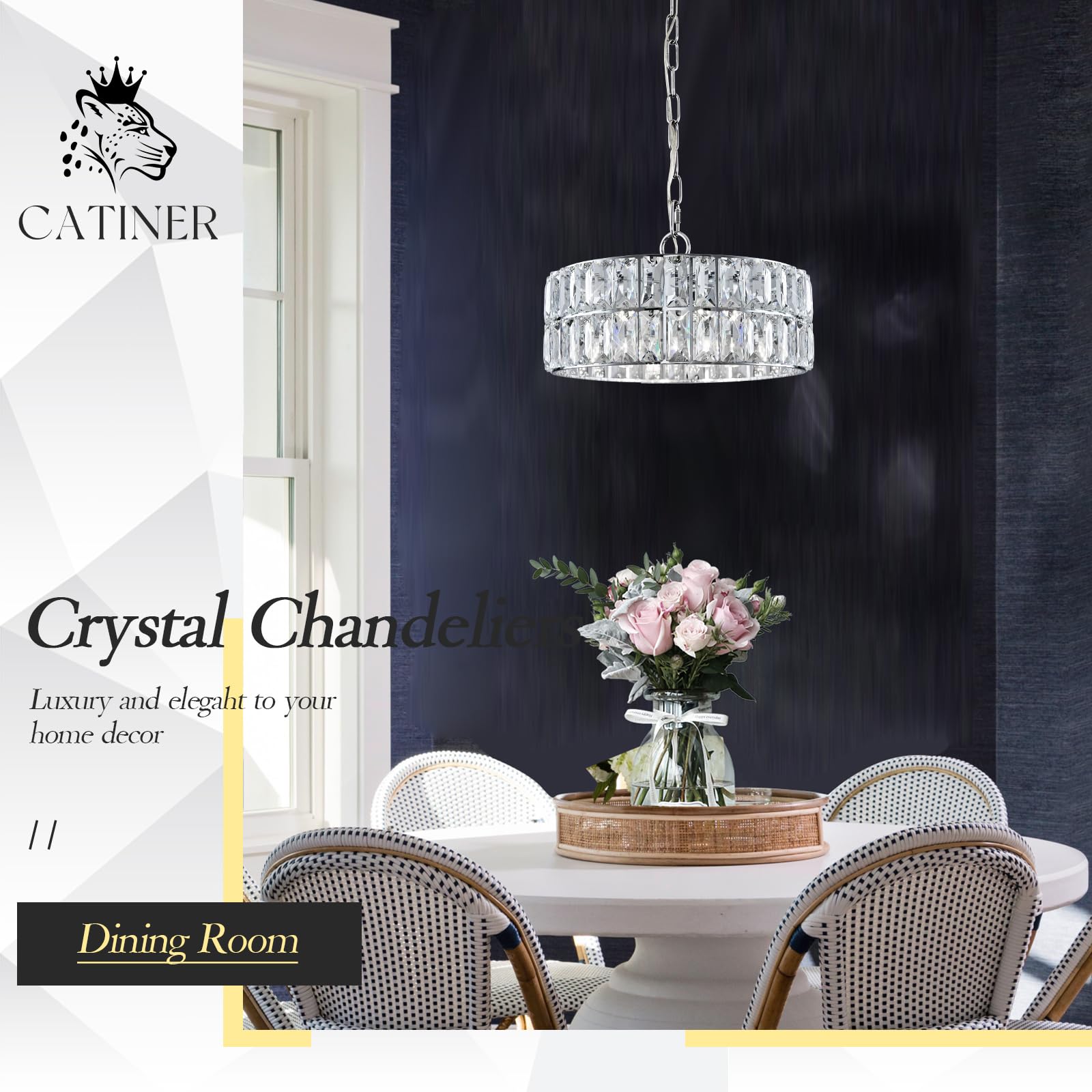 Gold Crystal Chandeliers, Modern Semi Flush Mount Chandelier 4-Ligh Drum Crystal Ceiling Pendant Light Fixture 12” for Foyer Entryway Kitchen Hallway Dining Room