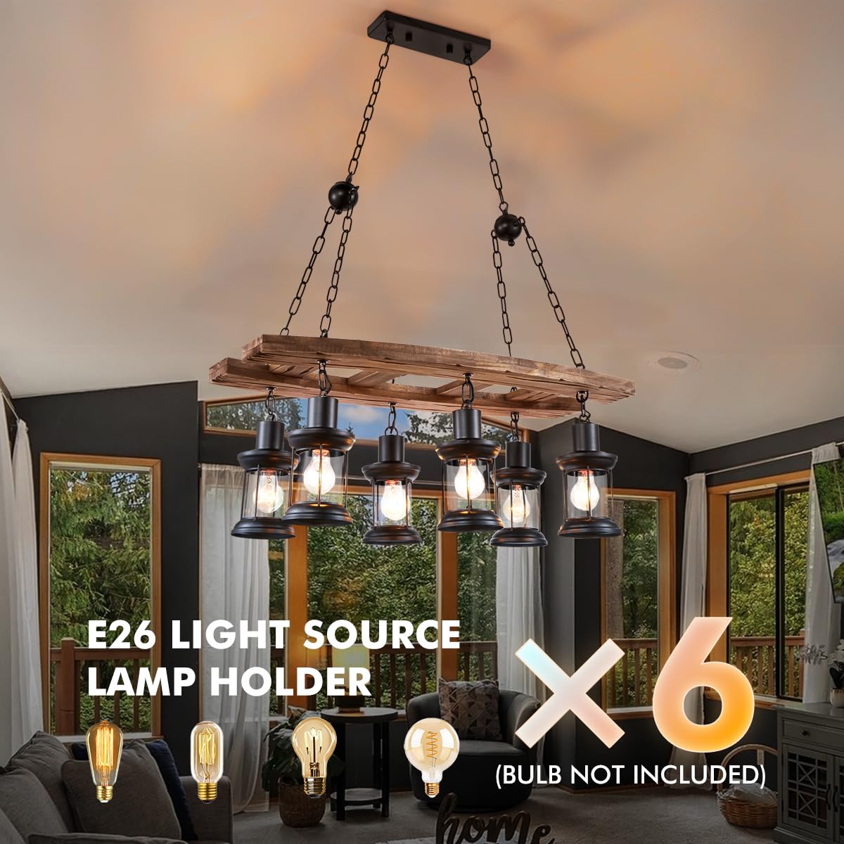 8 Lights Industrial Retro Wooden Chandelier Pendant Light Island Hanging Ceiling Fixture Vintage Farmhouse Wood Light Adjustable Chain for Home Cafe Bar Restaurant (39.4")