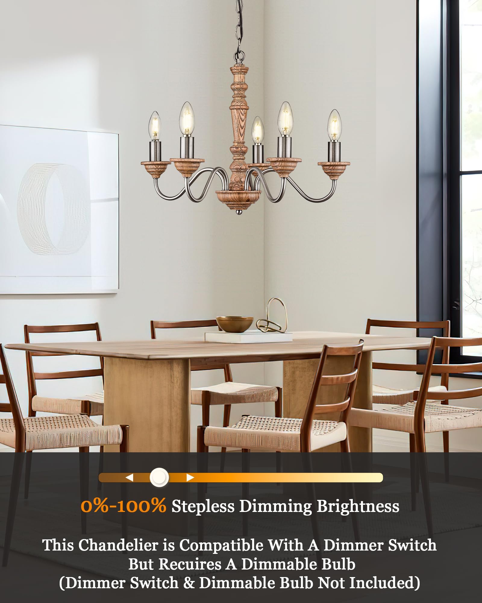 Chandelier, 21" Farmhouse Wood Chandelier, 5-Light Rustic Candle Pendant Light Fixtures for Dining Room,Living Room,Kitchen,Bedroom, LED Bulb Included, Handmade Distressed White