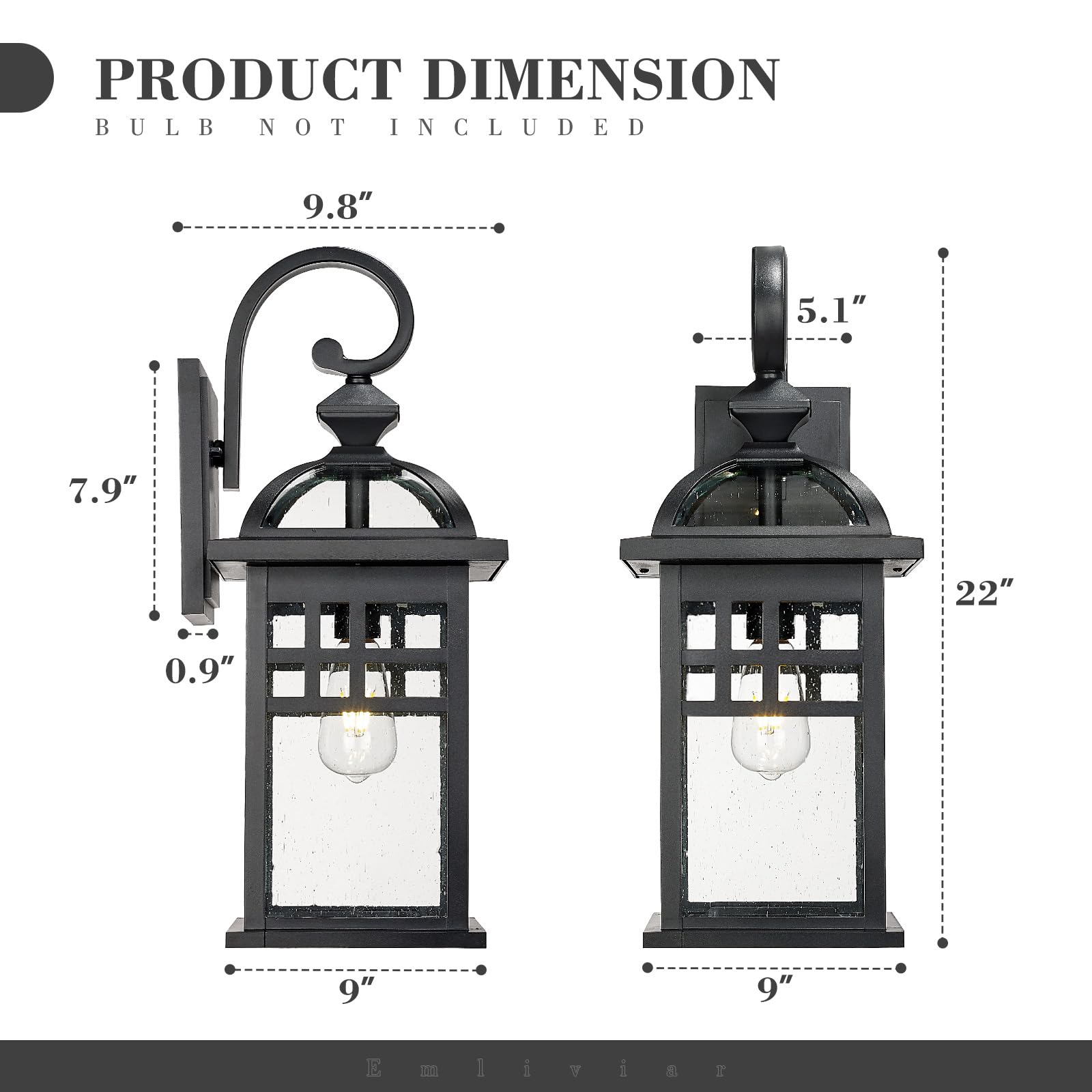 20 Inch Outdoor Pendant Light for Porch, Outdoor Chandelier for Porch, Die-Cast Aluminum with Seeded Glass, Black Finish, DE281H-M BK