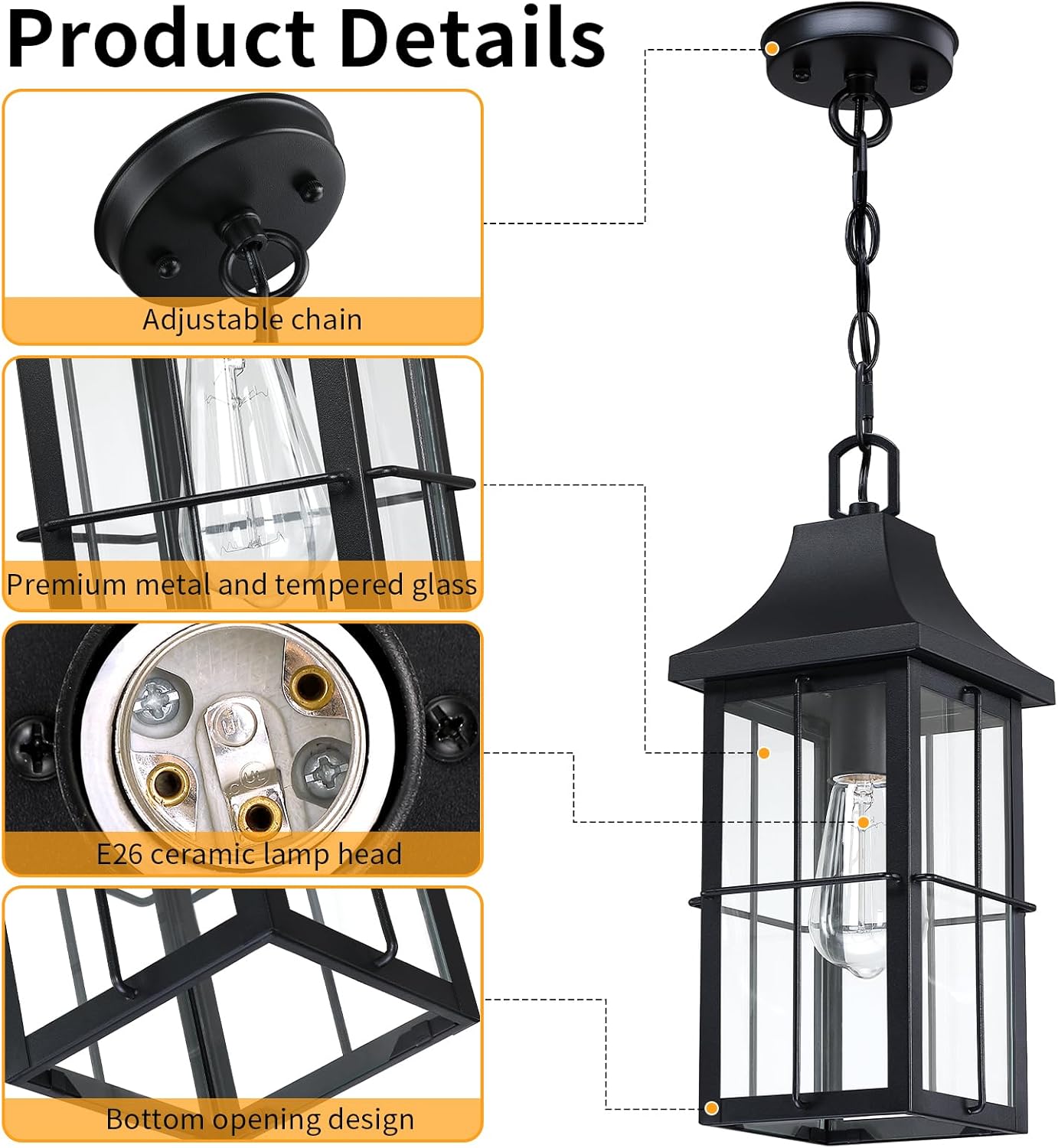 Large Outdoor Pendant Light 1 Pack, 16'' Modern Exterior Hanging Light Fixture with Clear Glass, Farmhouse Black Metal Outside Chandelier for Patio Front Porch Foyer Entryway, E26 Socket