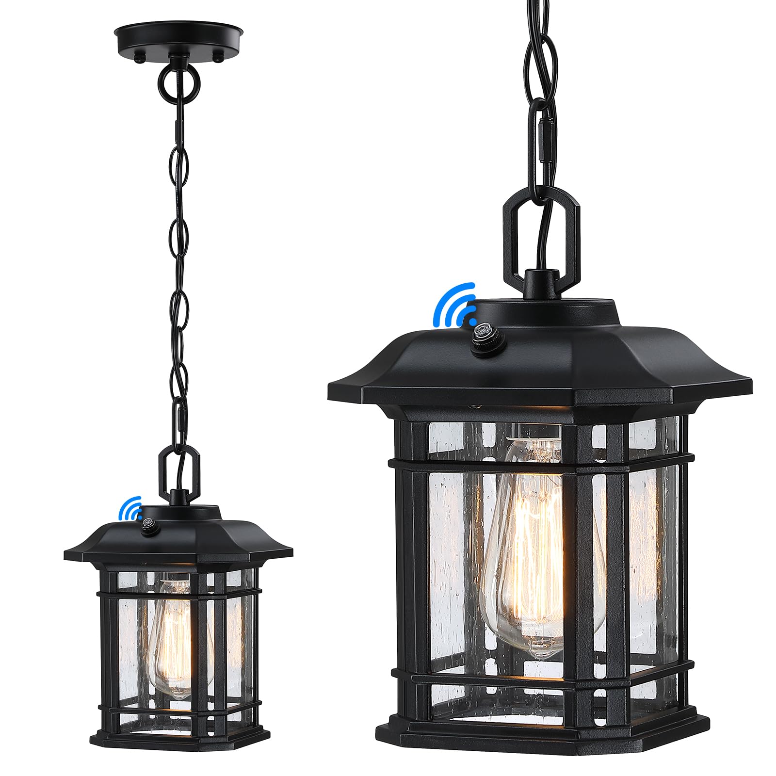 Outdoor Pendant Lights for Porch 10.25'', Black Exterior Hanging Lanterns Outdoor, Farmhouse Outdoor Ceiling Light Fixture, Waterproof Tempered Seed Glass Outdoor Chandelier, 1Pack