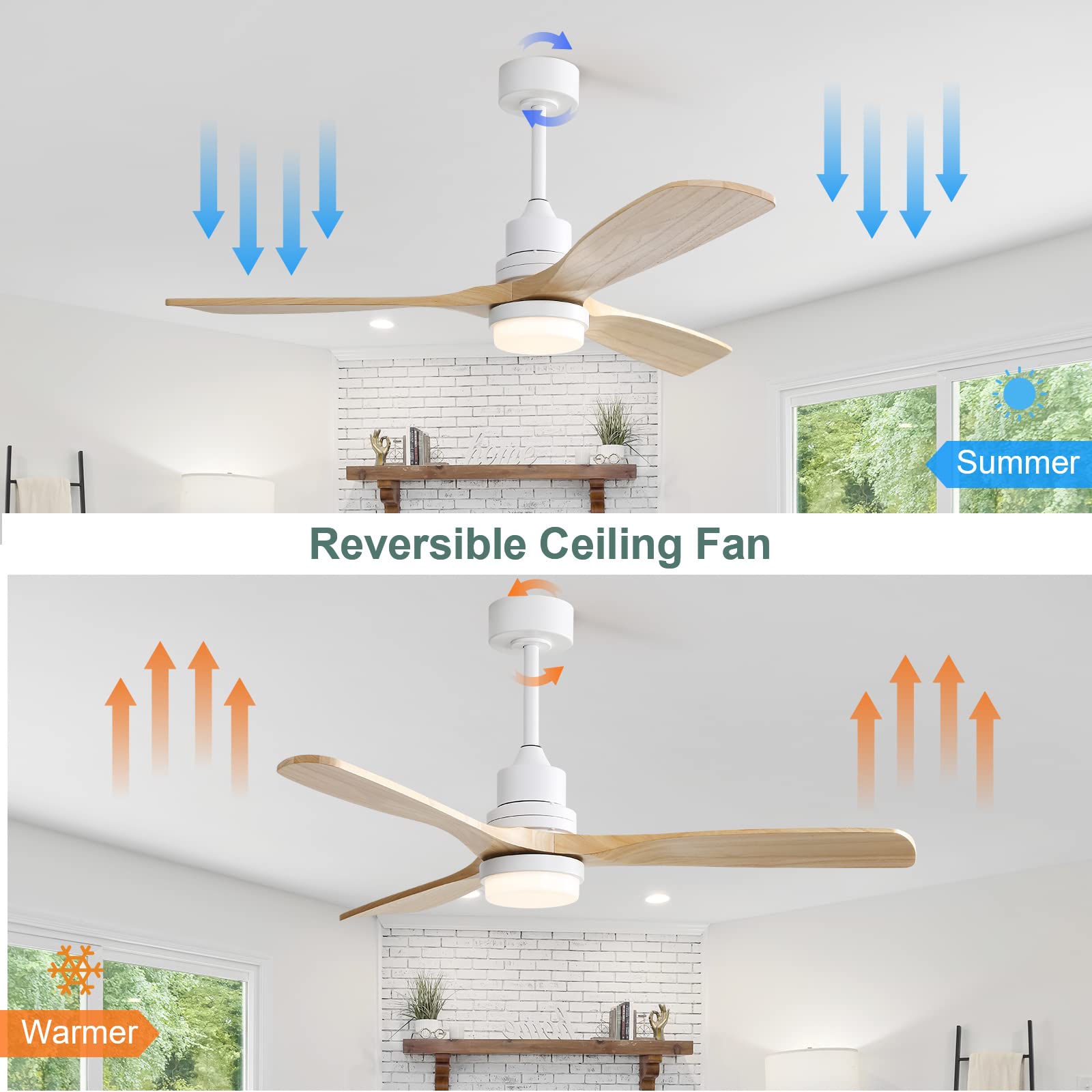 Low Profile Ceiling Fan With Lights Remote Control 52 Inch Flush Mount Ceiling Fan Modern Wood Blade Fan For Bedroom Living Room Indoor Outdoor Farmhouse Patio, Noiseless DC Motor