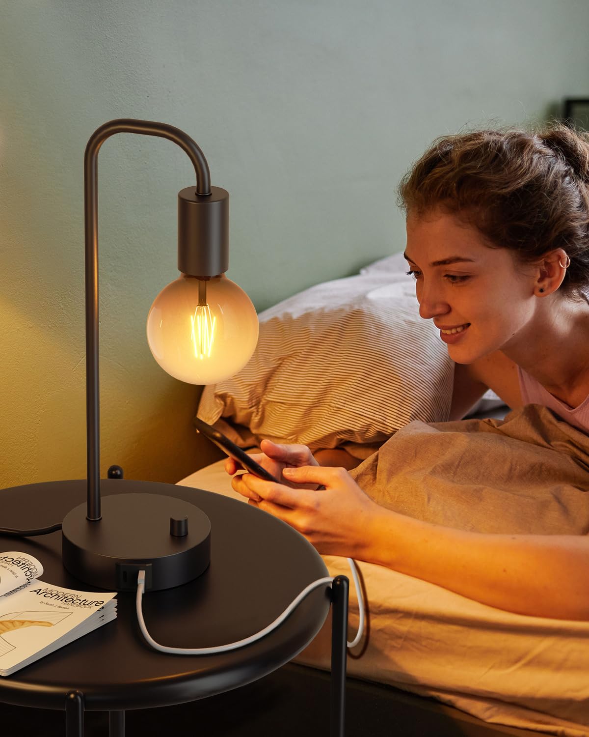 Industrial Table Lamp for Bedroom, Fully Dimmable Modern Bedside Lamps with 2700K Warm Light Bulb for Kids Reading, Minimalist Nightstand Lamps for Living Room, Office (Bulb Included)