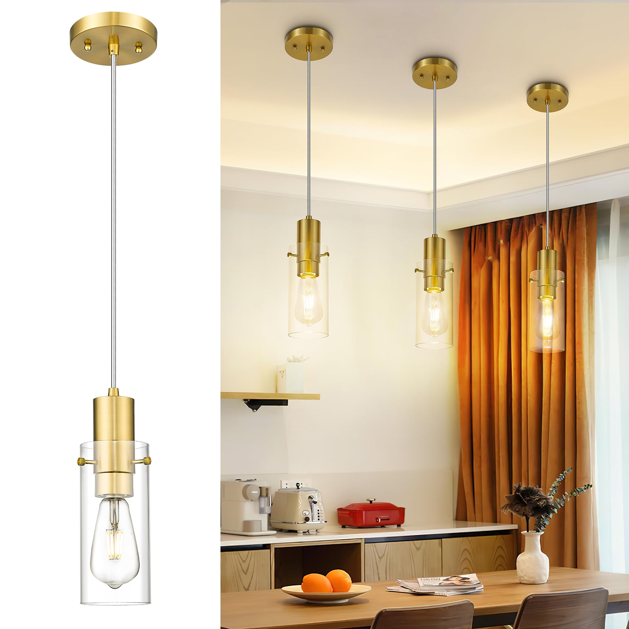 Emak Gold Pendant Light Fixtures, 3-Light Pendant Lights with Clear Glass Shade, Modern Farmhouse Hanging Lights for Kitchen Island, Dining Room, Bathroom, Bedroom, PL120-GD-CL