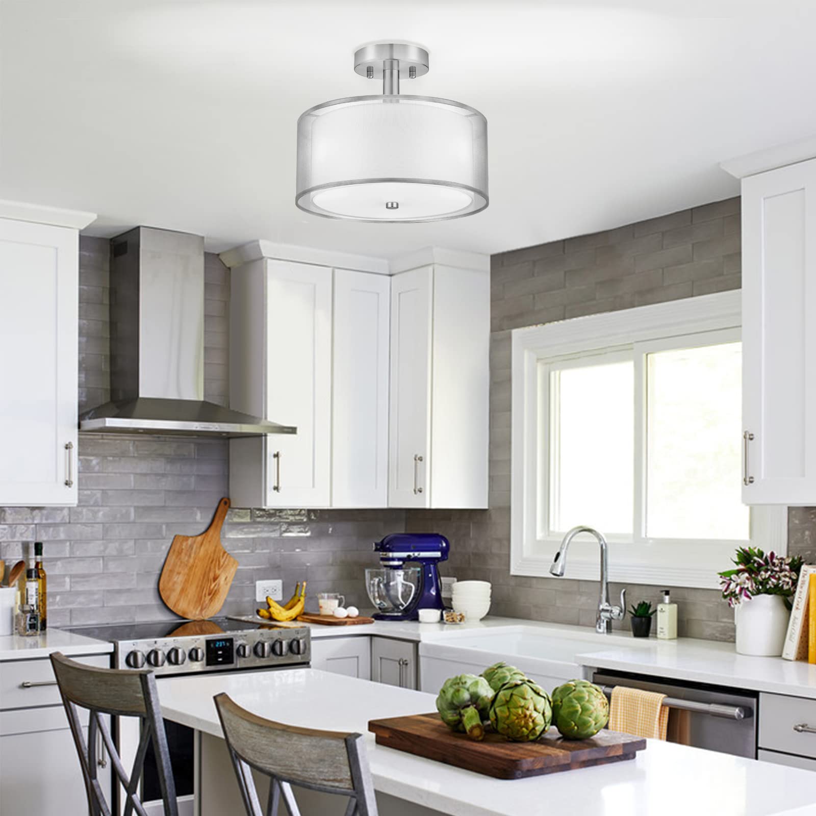 3-Light Semi Flush Mount Ceiling Light Fixture, Drum Light with Double Fabric Shade, Modern Close to Ceiling Lamps for Dining Room Kitchen