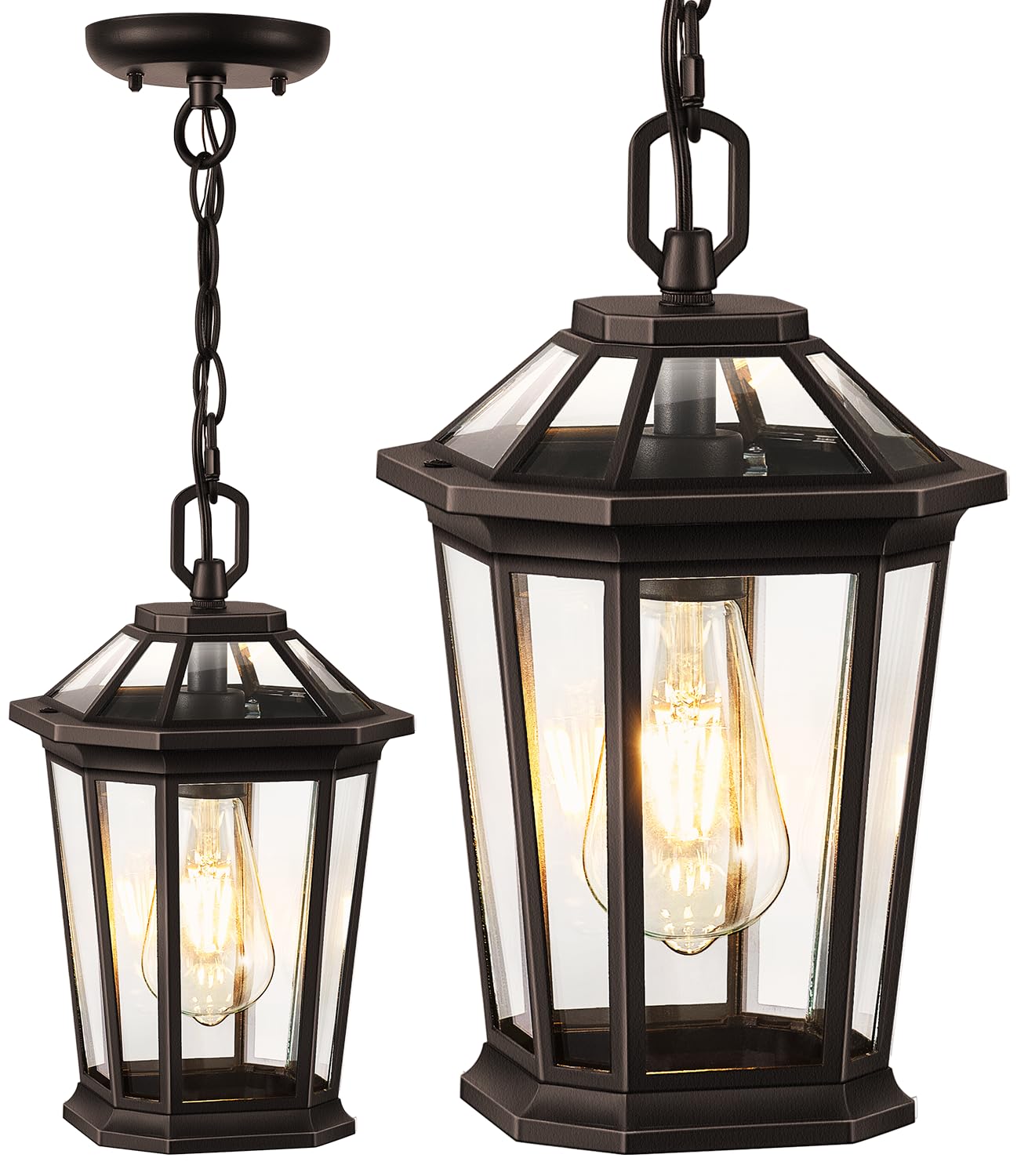 Outdoor Pendant Light Fixtures for Front Porch, Exterior Ceiling Hanging Lanterns, Anti-Rust Waterproof Farmhouse Outdoor Chandelier, Black Gold Aluminum with Tempered Water Glass for Entryway