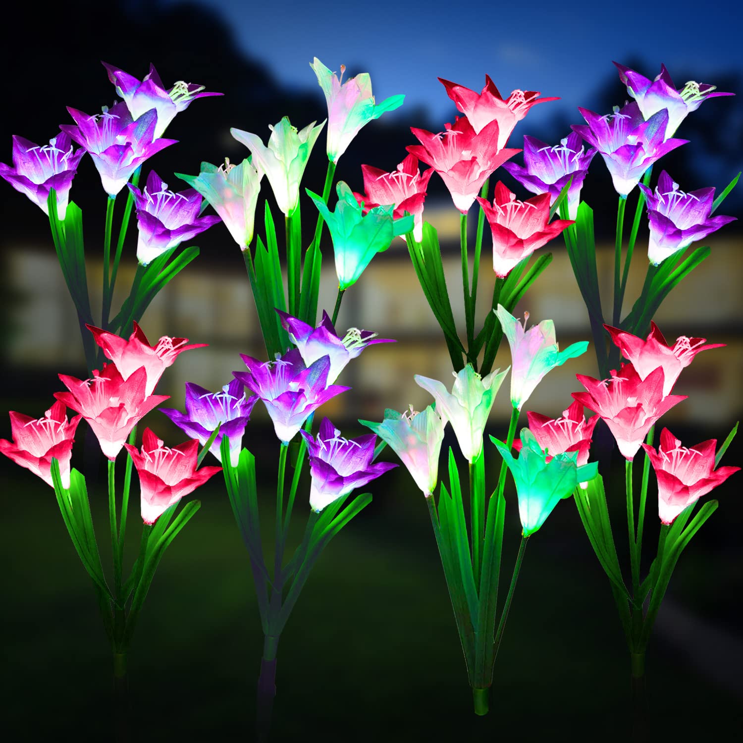 Outdoor Solar Lights, 4 Pack Solar Garden Lights with Bigger Lily Flowers, Waterproof 7 Color Changing Solar Lights Outdoor - Bigger Solar Panel for Outdoor Patio Yard Garden Decoration