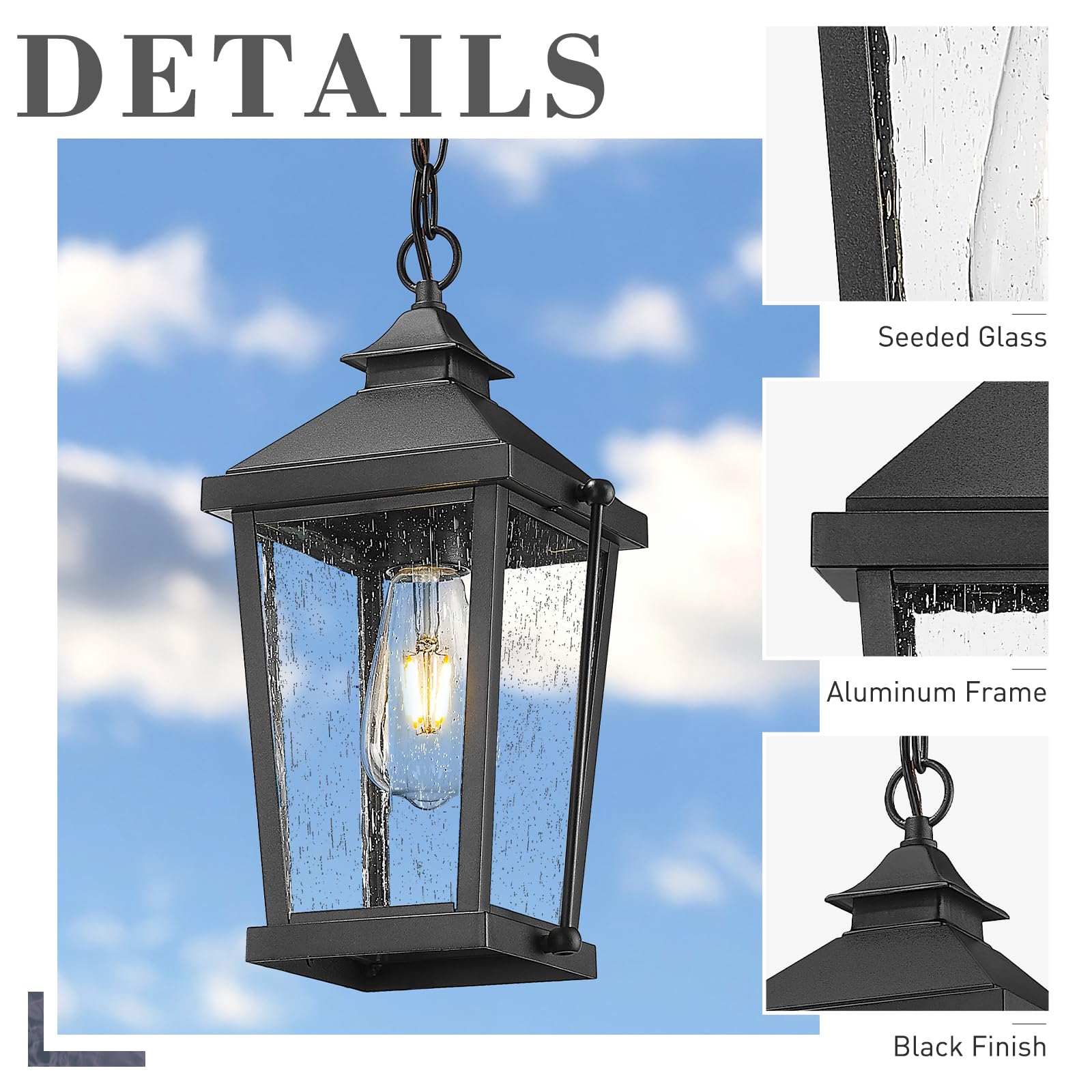 20 Inch Outdoor Pendant Lights for Porch, Modern Outdoor Hanging Porch Light, Die-Cast Aluminum with Seeded Glass, Black Finish, ZW105H-M BK